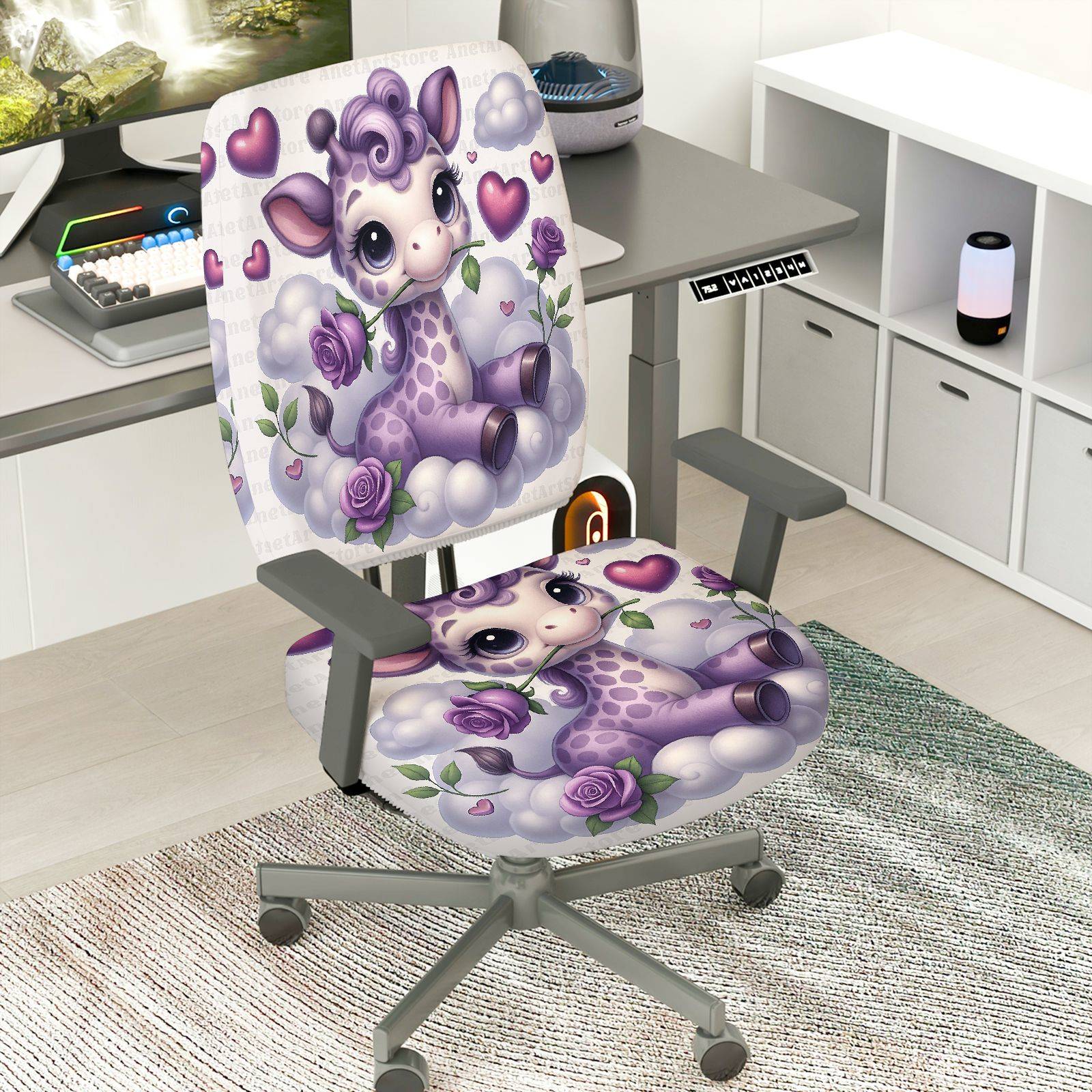 2-Piece Cute Fantasy Animal Hearts Clouds Roses  Computer Chair Cover Set, Seat and Backrest