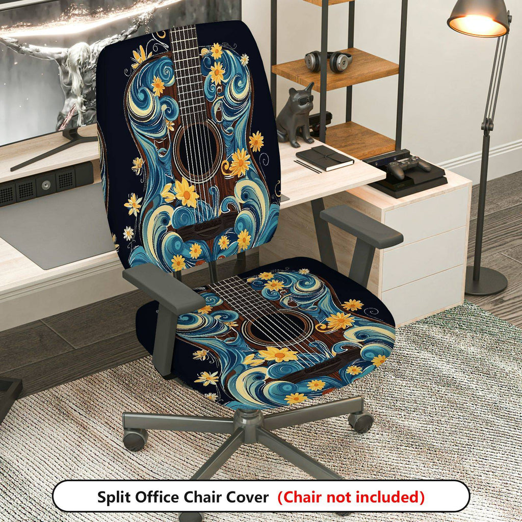 2-Piece Artistic Floral Guitar Blue  Computer Chair Cover Set, Seat and Backrest