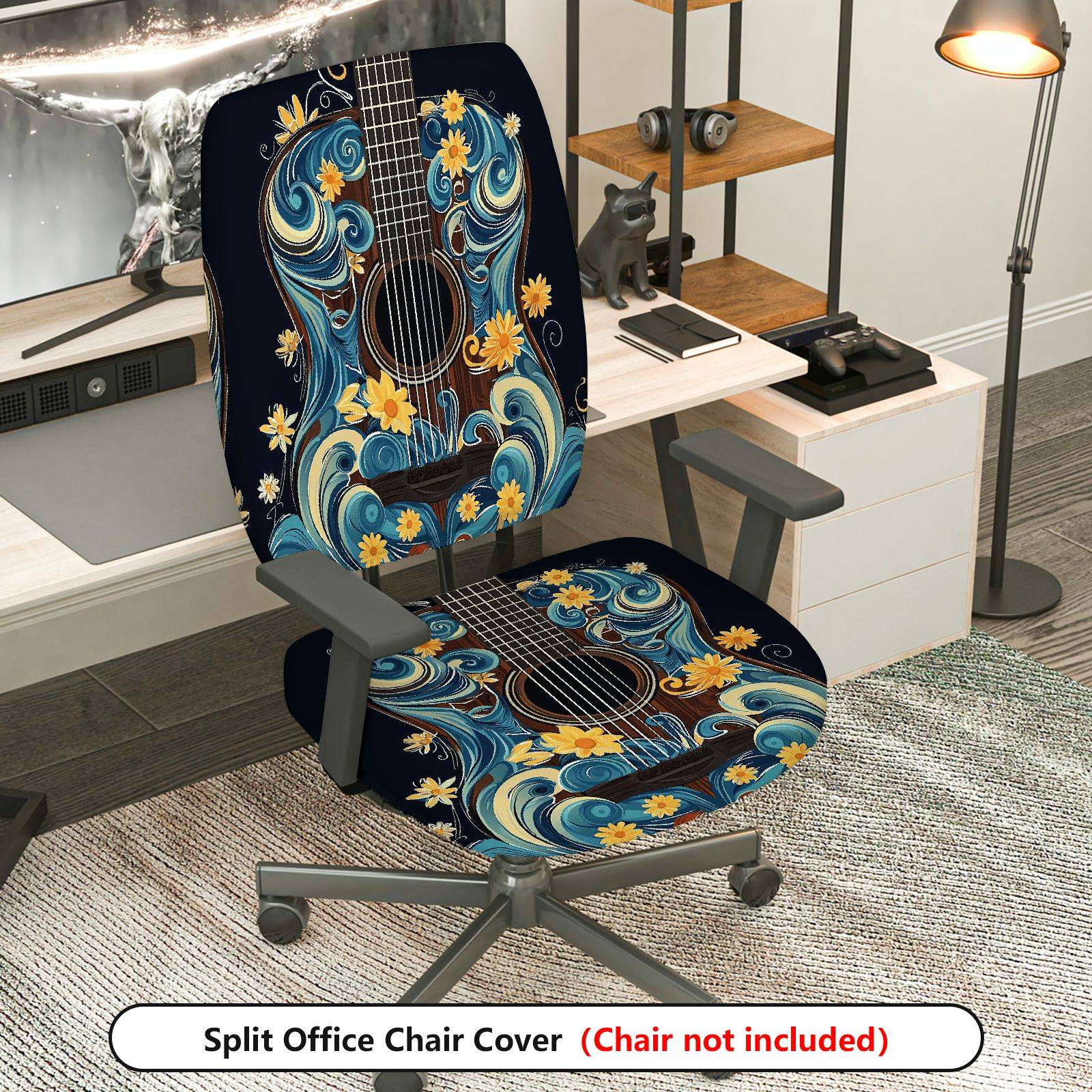 2-Piece Artistic Floral Guitar Blue  Computer Chair Cover Set, Seat and Backrest