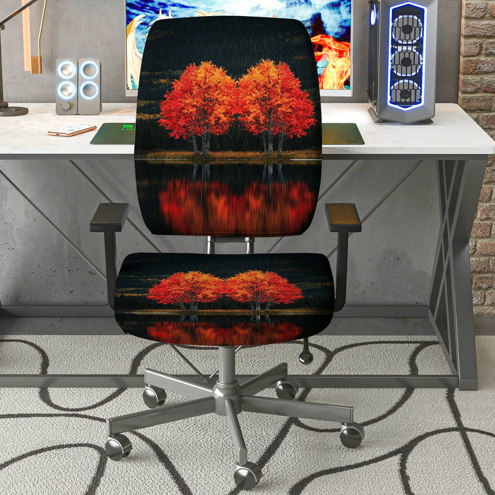 2-Piece Autumn Tree Lake Reflection Scenic  Computer Chair Cover Set, Seat and Backrest