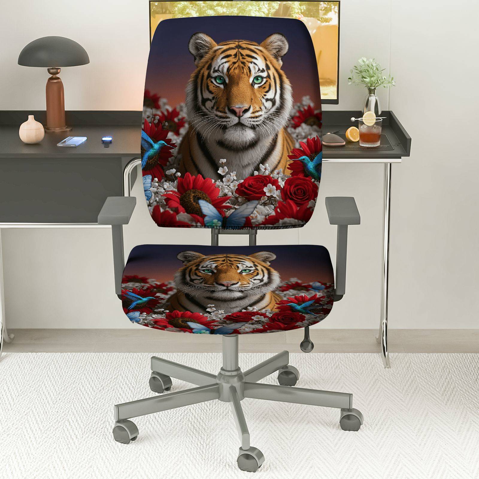 2-Piece Tiger Floral Animal Art Decorative  Computer Chair Cover Set, Seat and Backrest