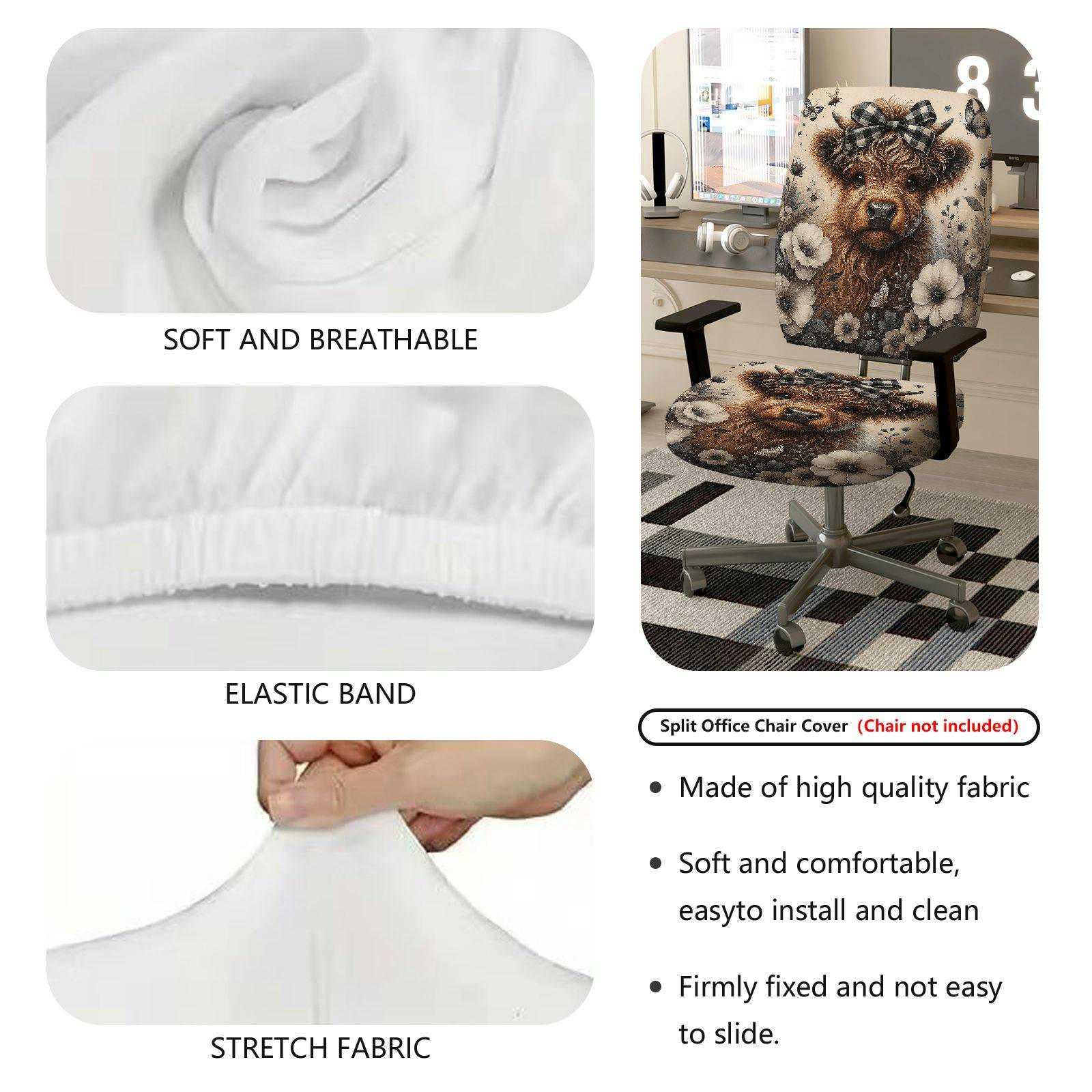 2-Piece Cute Animal Floral Bow Playful Holiday  Computer Chair Cover Set, Seat and Backrest