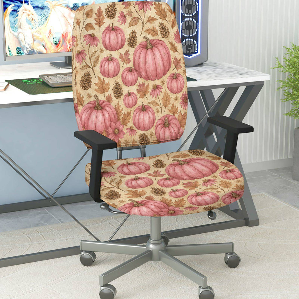 2-Piece Autumn Pumpkin Pinecone Maple Leaves Thanksgiving  Computer Chair Cover Set, Seat and Backrest