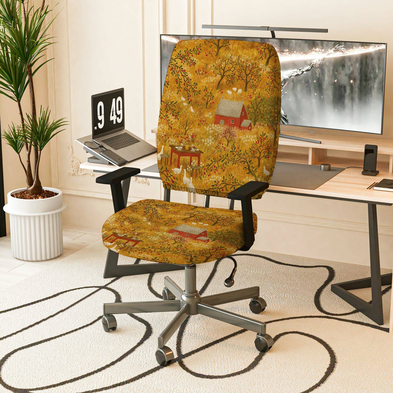 2-Piece Autumn Forest Animal Cabin Rabbit  Computer Chair Cover Set, Seat and Backrest