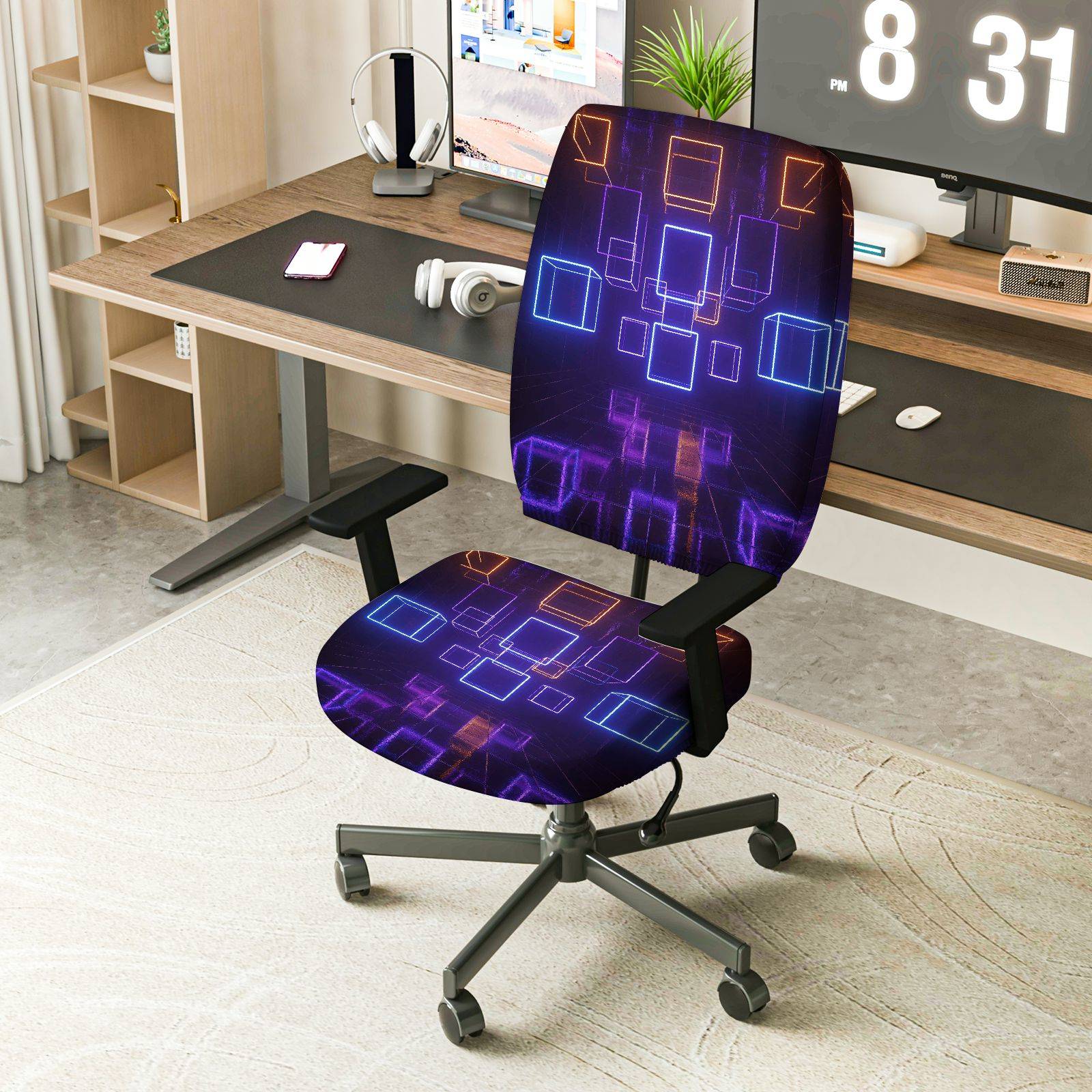 2-Piece Digital Geometric Abstract Cyber Tech  Computer Chair Cover Set, Seat and Backrest