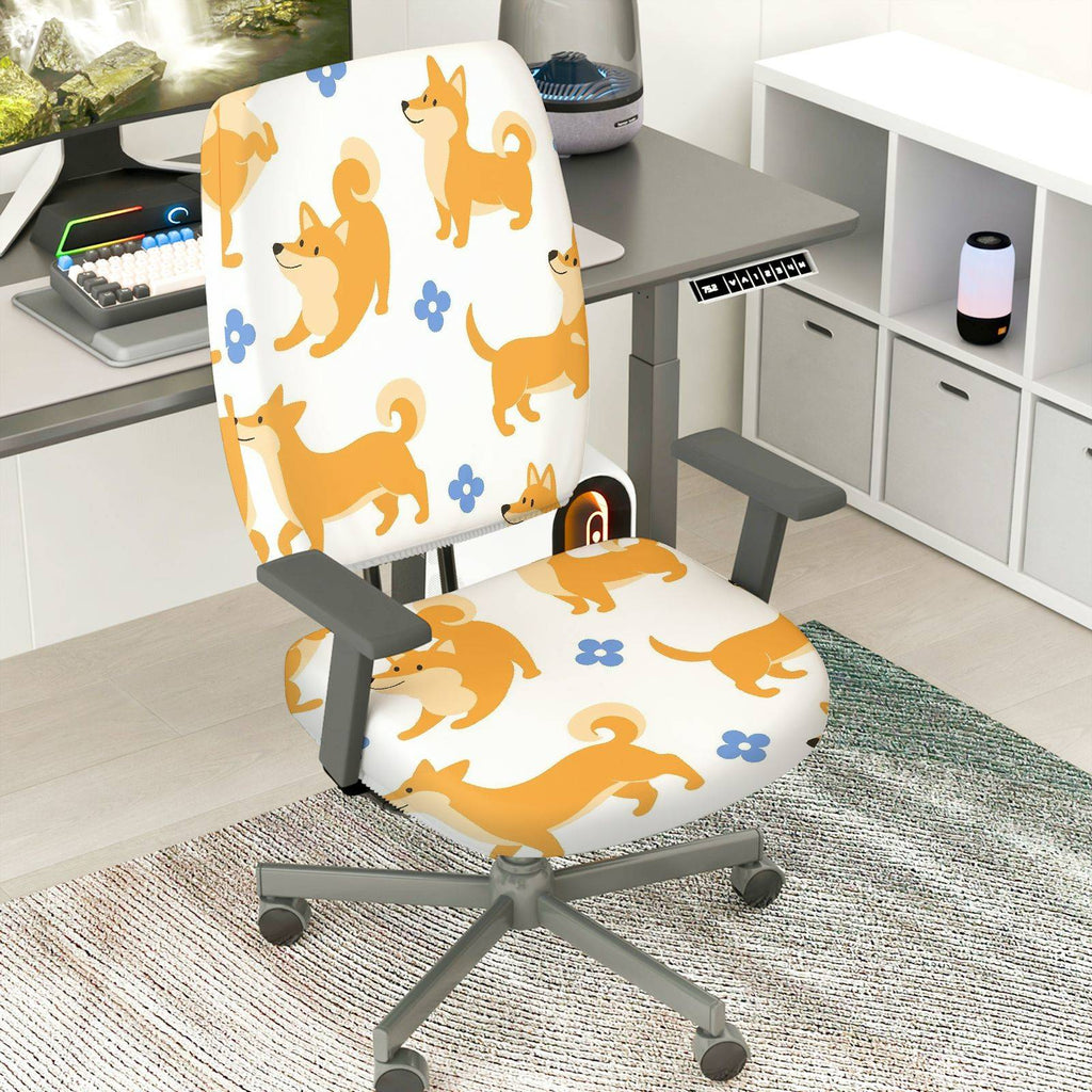 2-Piece Cute Dog Flower Pattern Printed  Computer Chair Cover Set, Seat and Backrest