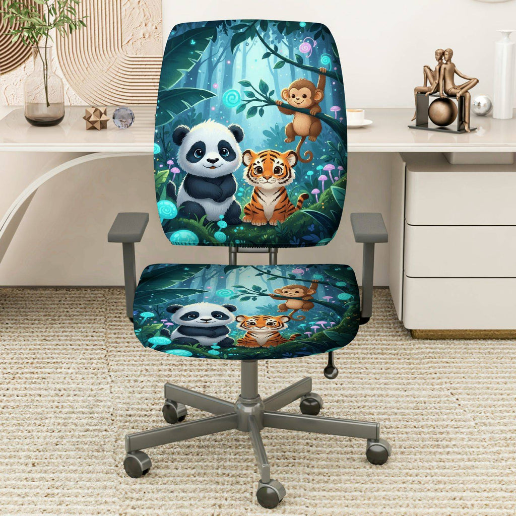 2-Piece Animal Forest Panda Tiger Monkey  Computer Chair Cover Set, Seat and Backrest