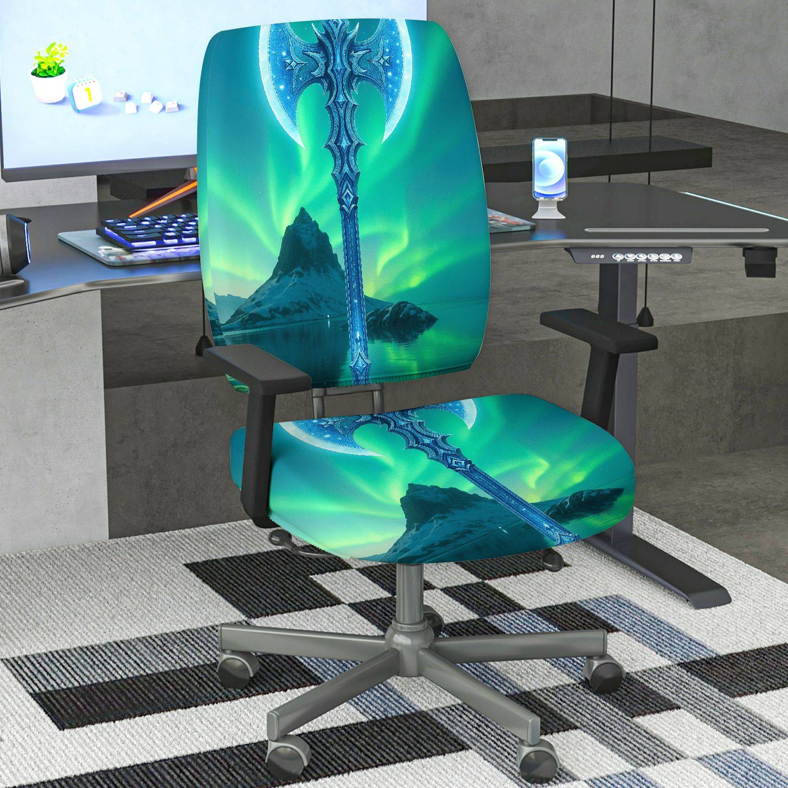 2-Piece Aurora Fantasy Sword Landscape Scenery Cool  Computer Chair Cover Set, Seat and Backrest