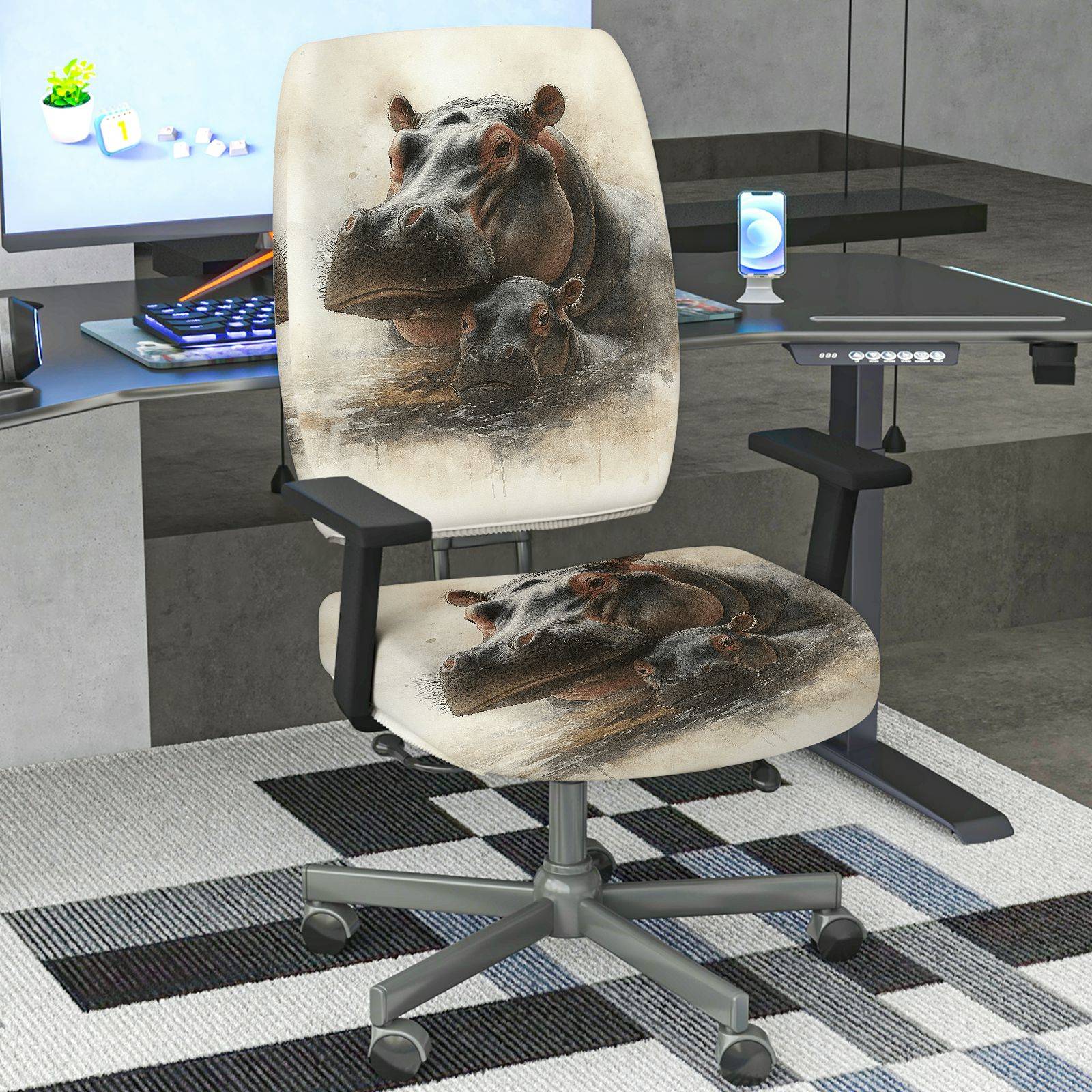 2-Piece Animal Hippo Print Decorative Stylish Creative Unique  Computer Chair Cover Set, Seat and Backrest