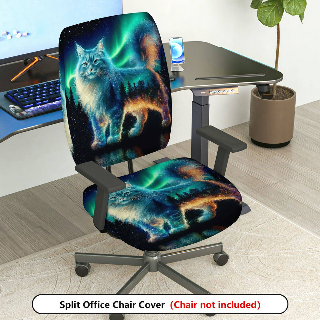 2-Piece Aurora Cat Galaxy Starry Forest Scenery  Computer Chair Cover Set, Seat and Backrest