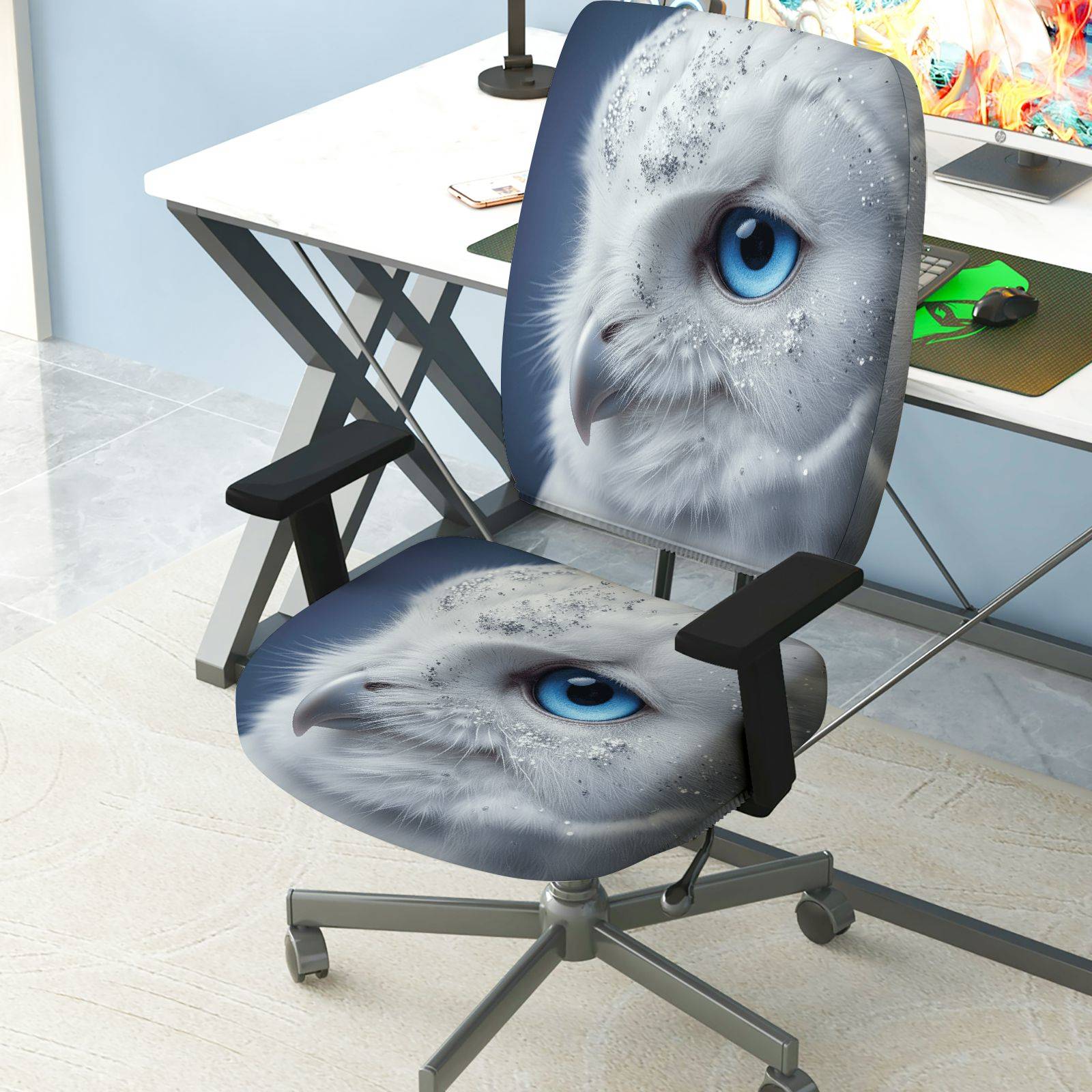 2-Piece Animal Owl Blue Eye Snow Glitter  Computer Chair Cover Set, Seat and Backrest