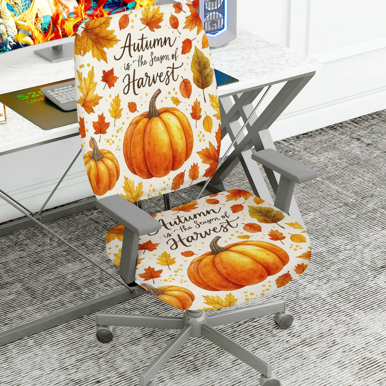 2-Piece Autumn Harvest Pumpkin Leaves Thanksgiving  Computer Chair Cover Set, Seat and Backrest