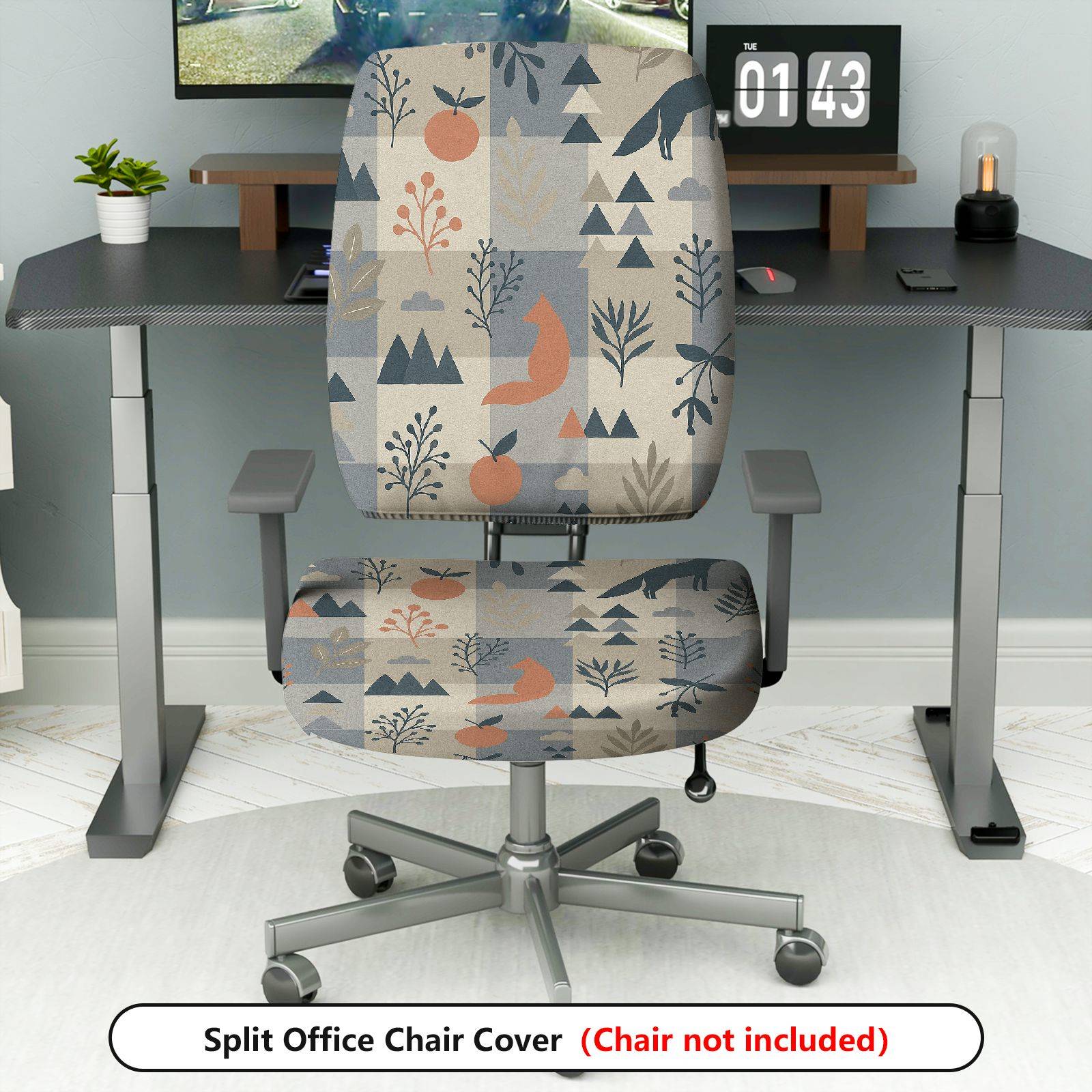 2-Piece Geometric Fox Tree Nature Pattern  Computer Chair Cover Set, Seat and Backrest