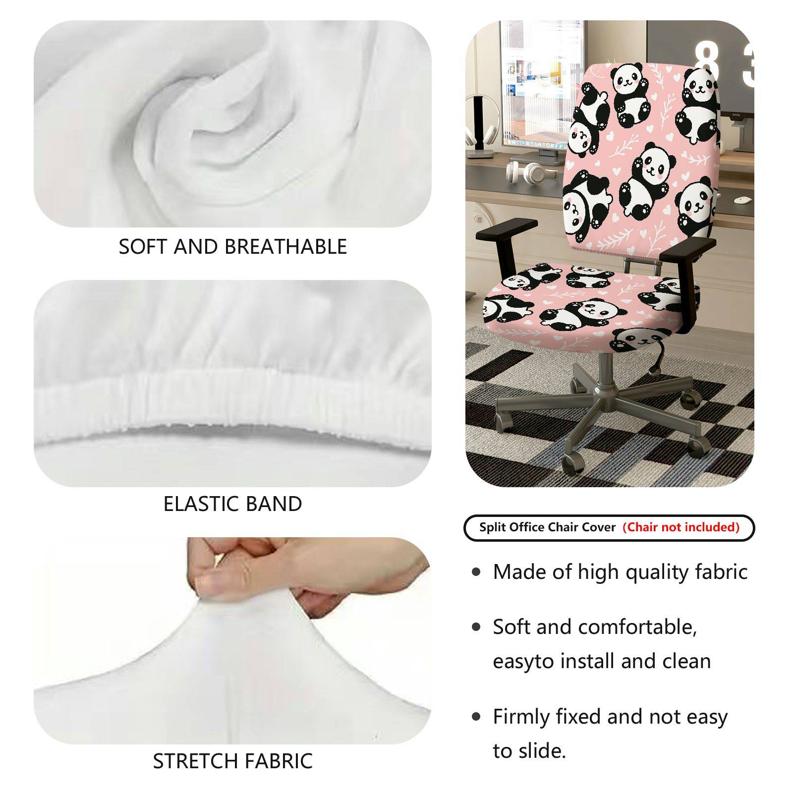 2-Piece Panda Cute Pink Animal Leaf  Computer Chair Cover Set, Seat and Backrest