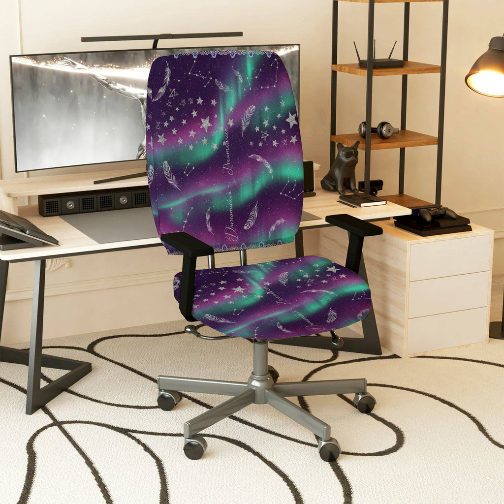 2-Piece Aurora Stars Feathers Galaxy Night  Computer Chair Cover Set, Seat and Backrest