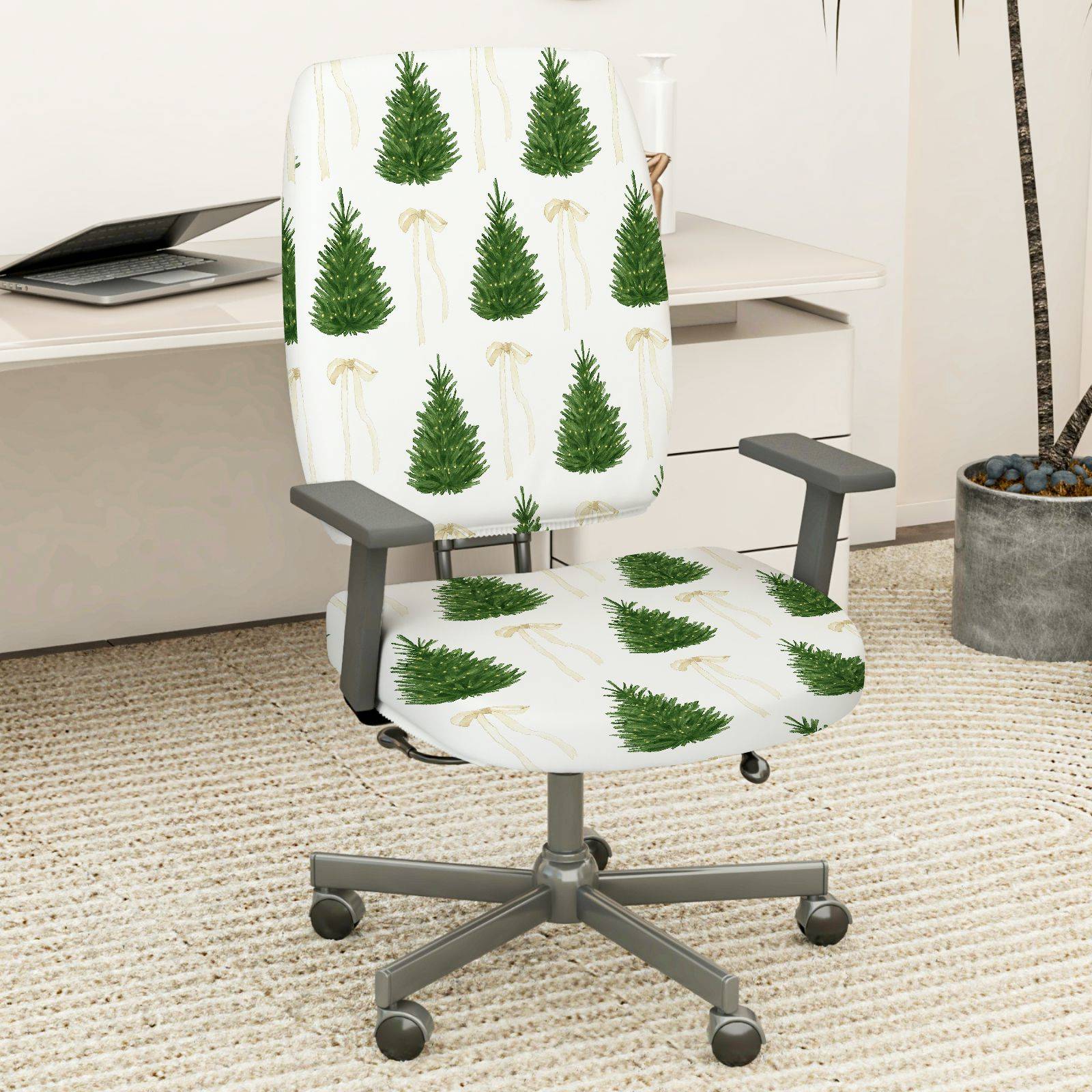 2-Piece Christmas Tree Bow Festive Holiday Decoration  Computer Chair Cover Set, Seat and Backrest