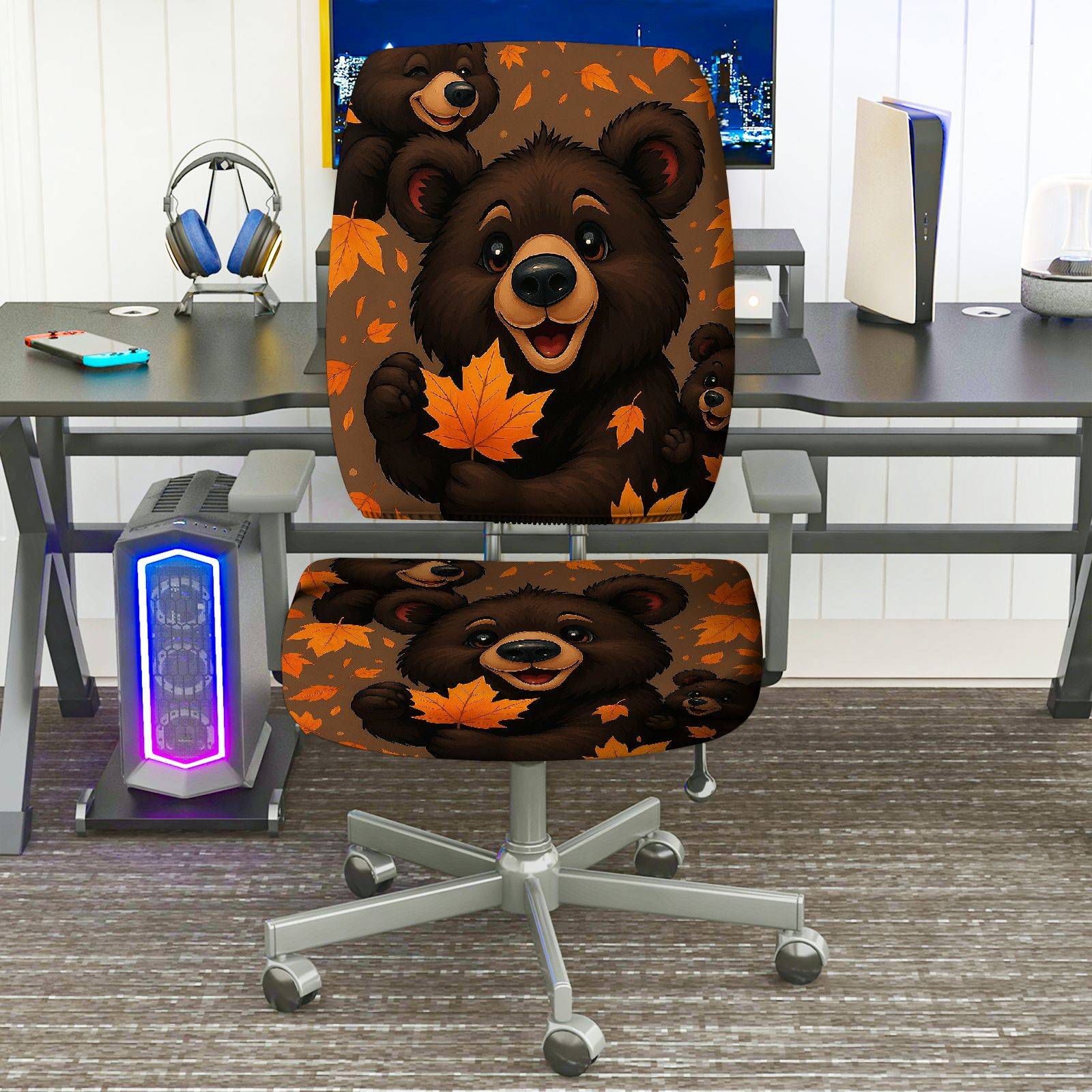 2-Piece Autumn Bear Warm Cozy Fun  Computer Chair Cover Set, Seat and Backrest