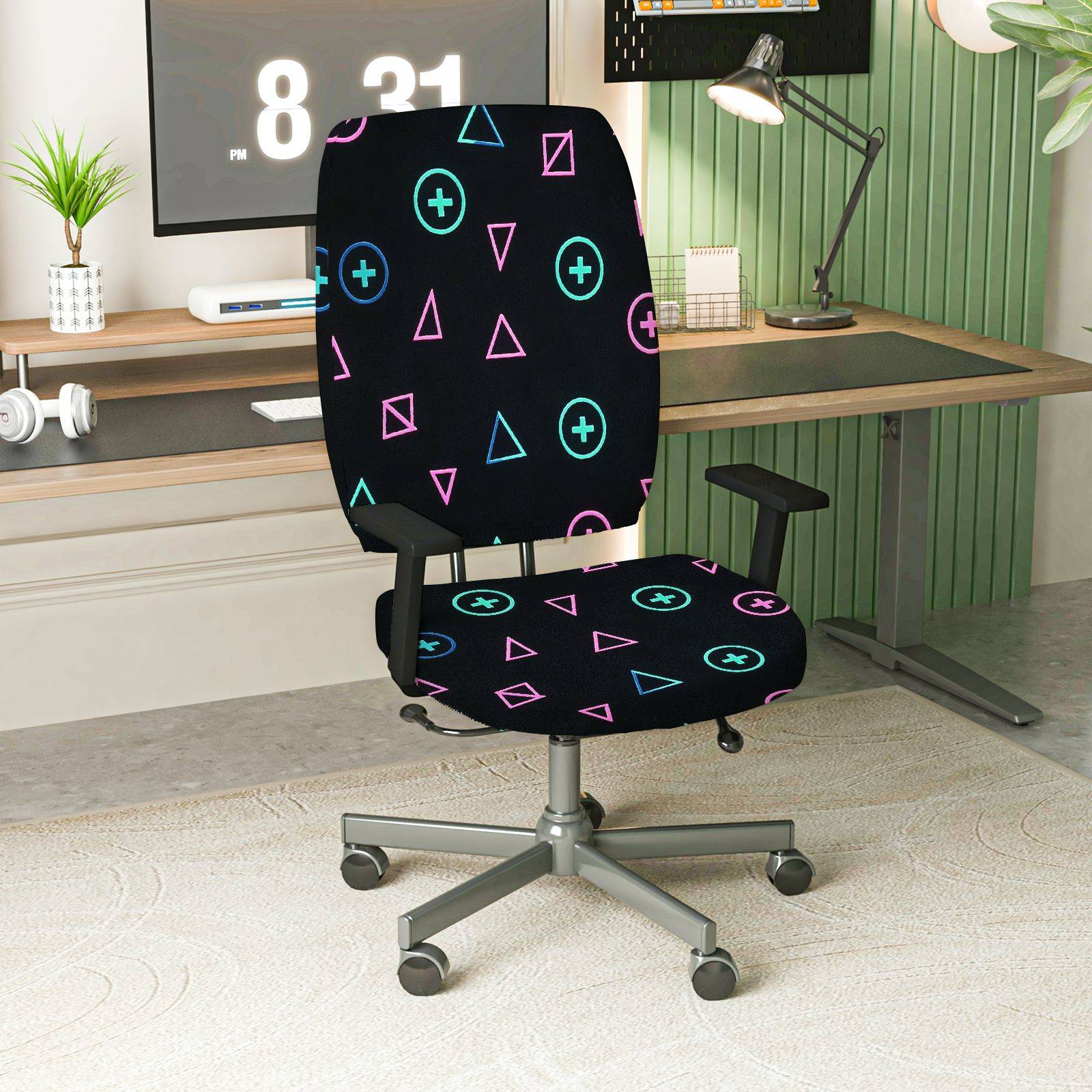 2-Piece Geometric Colorful Modern Stylish Trendy  Computer Chair Cover Set, Seat and Backrest