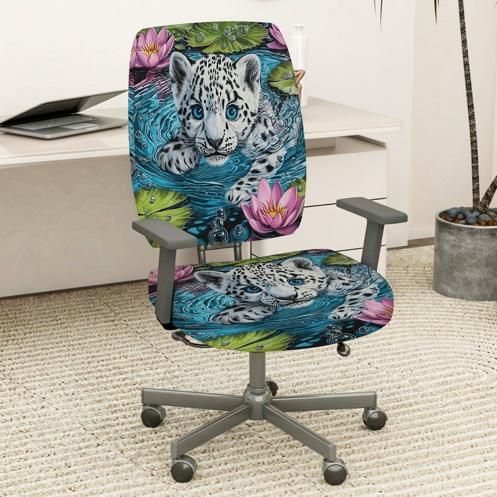 2-Piece Animal Print Floral Water Lily Leopard  Computer Chair Cover Set, Seat and Backrest