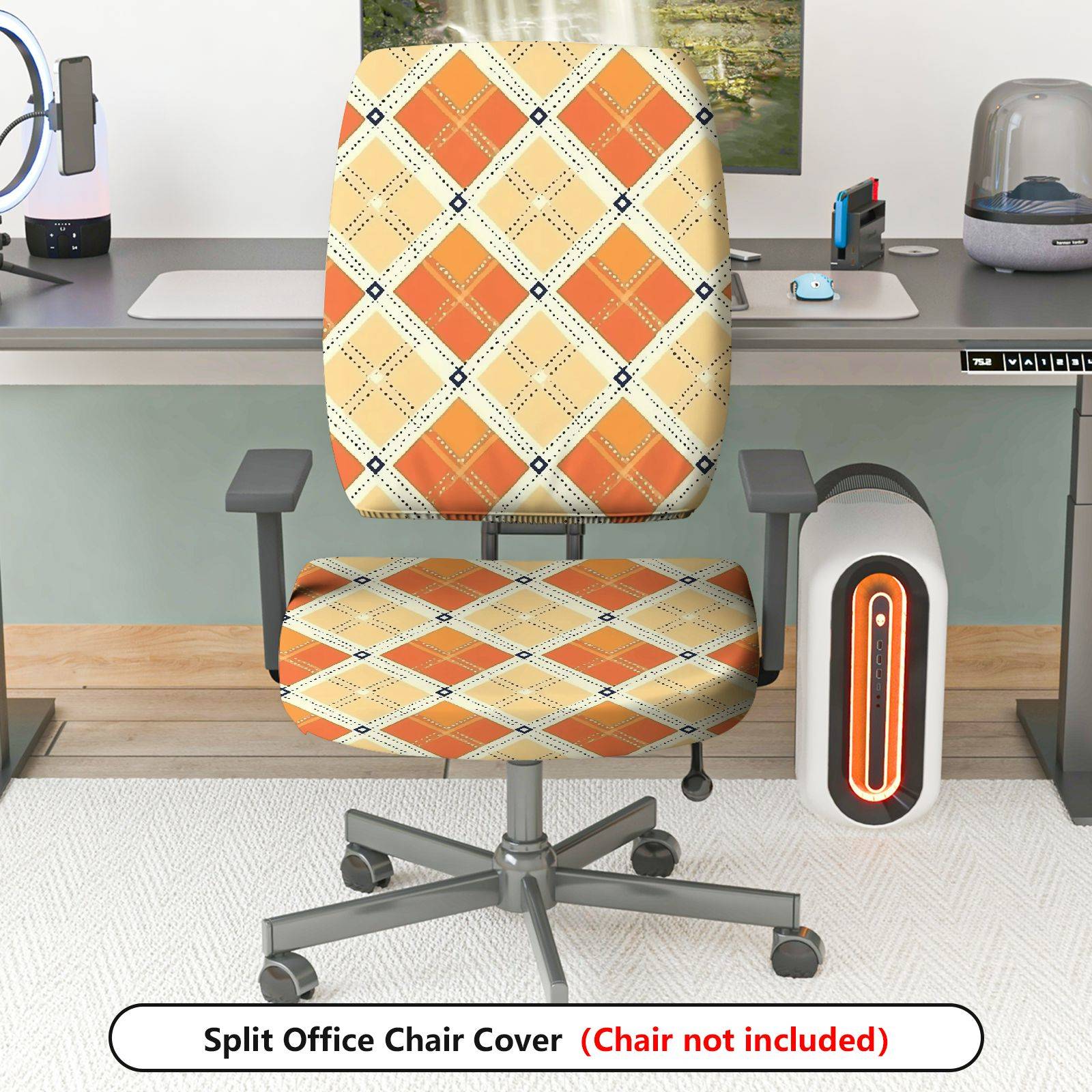 2-Piece Argyle Plaid Geometric Orange Decorative  Computer Chair Cover Set, Seat and Backrest