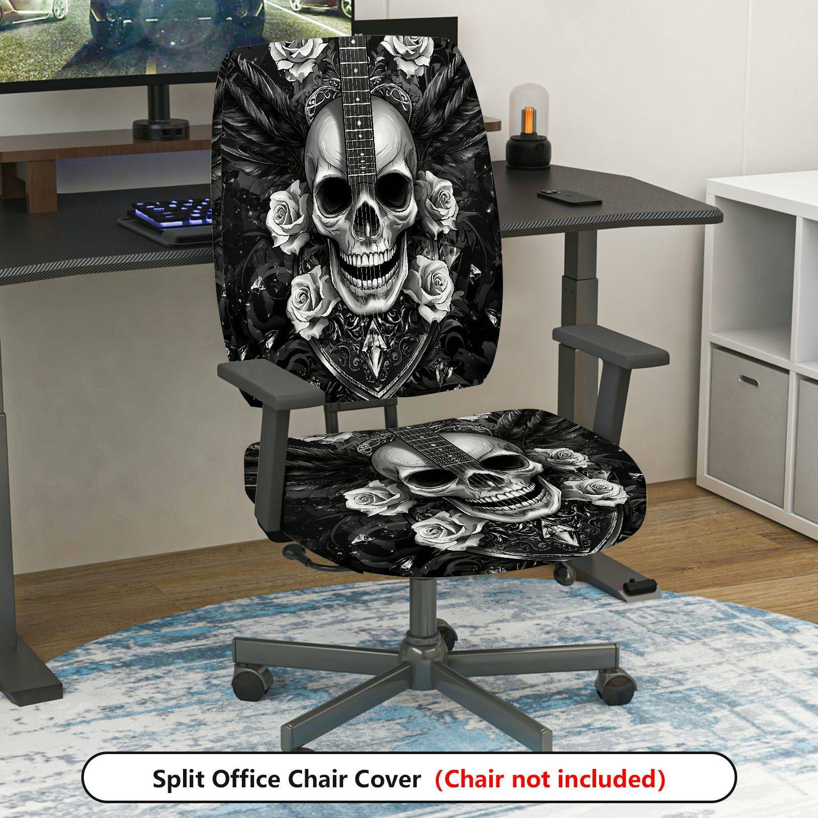 2-Piece Gothic Rose Guitar Black White Printed  Computer Chair Cover Set, Seat and Backrest