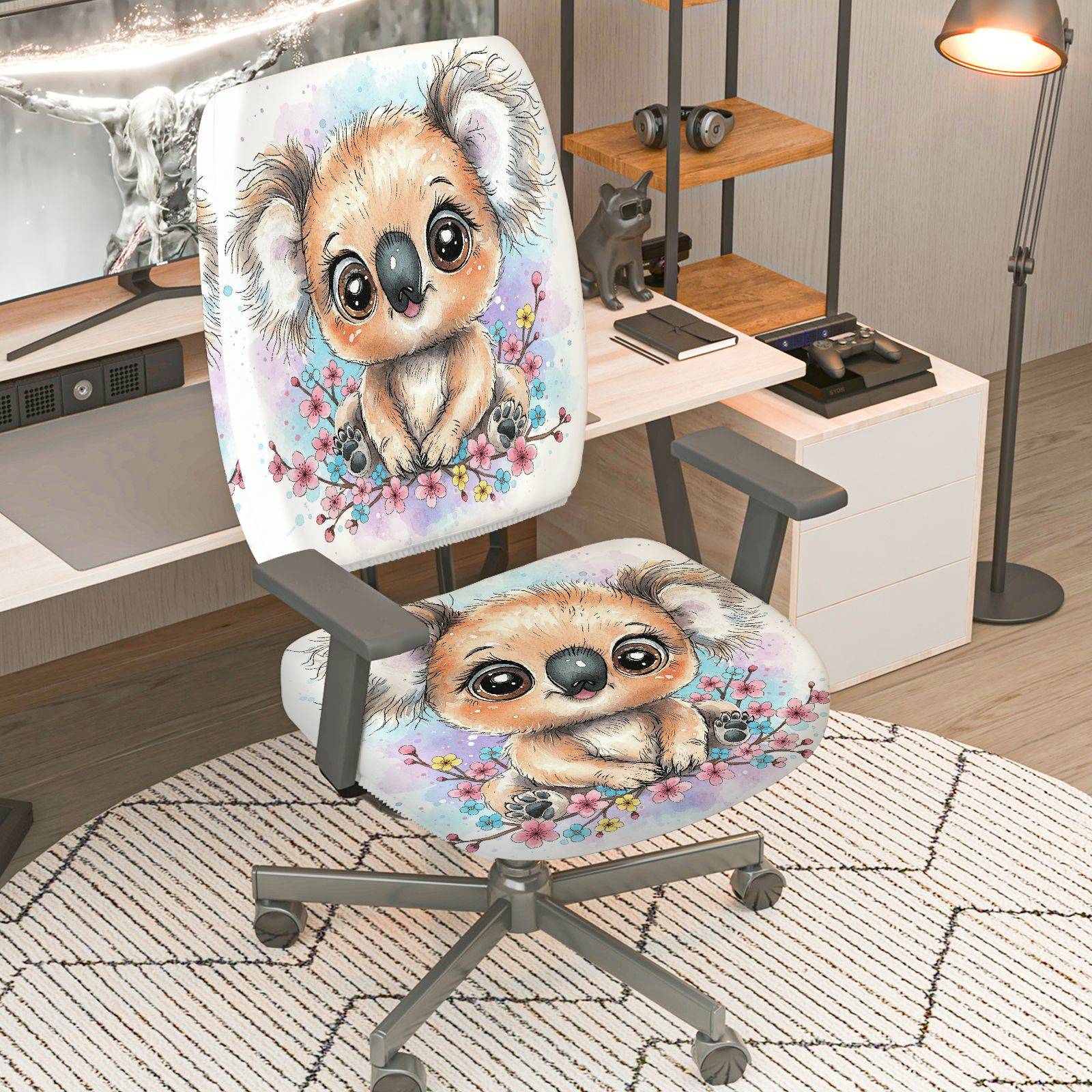 2-Piece Cute Koala Floral Animal  Computer Chair Cover Set, Seat and Backrest