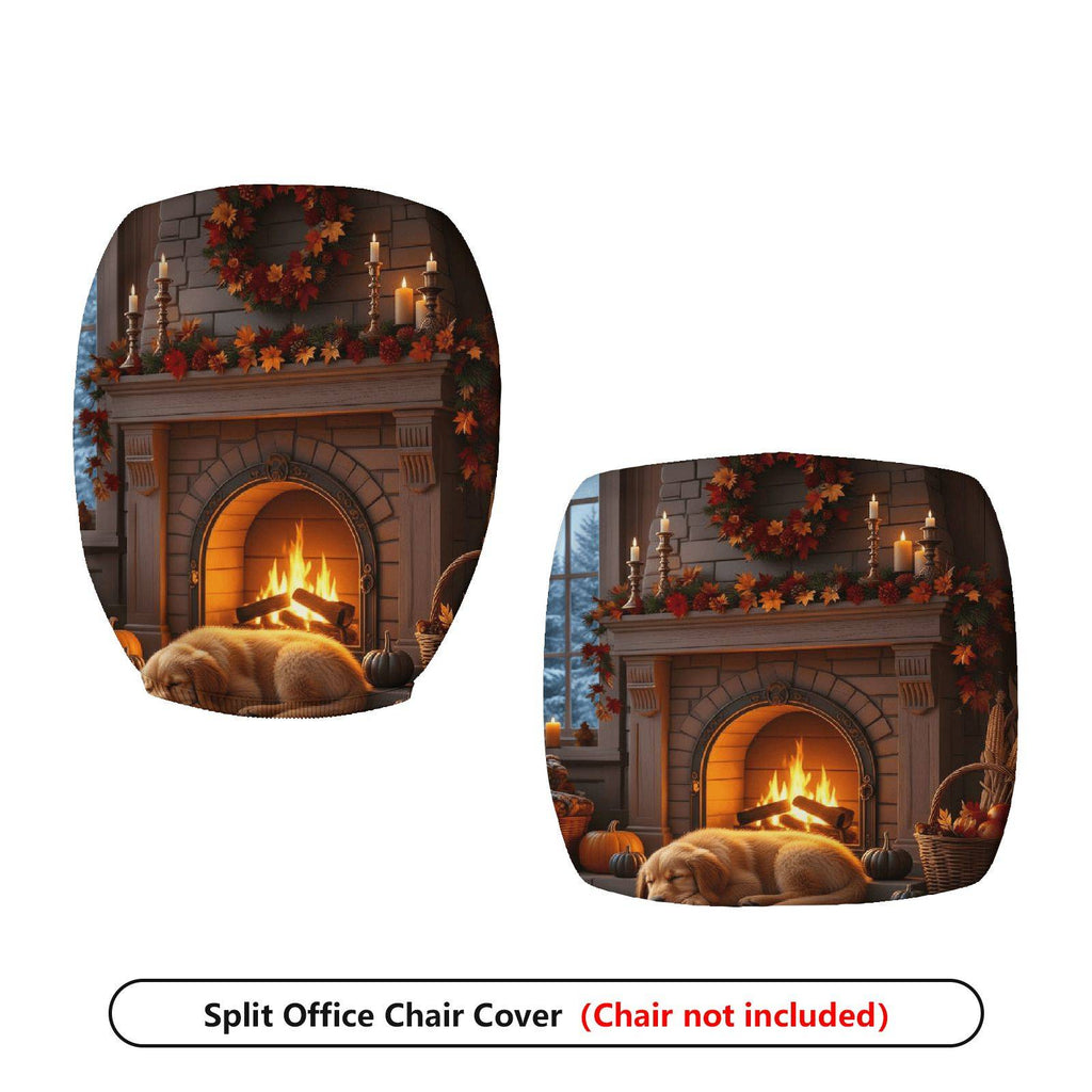 2-Piece Autumn Fireplace Warm Cozy Seasonal Decorative  Computer Chair Cover Set, Seat and Backrest