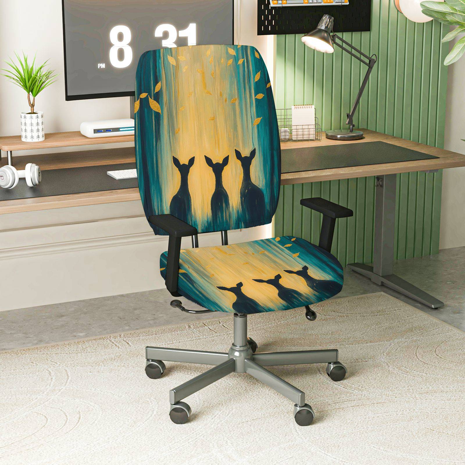 2-Piece Artistic Deer Silhouette Forest Gold Leaves Blue  Computer Chair Cover Set, Seat and Backrest