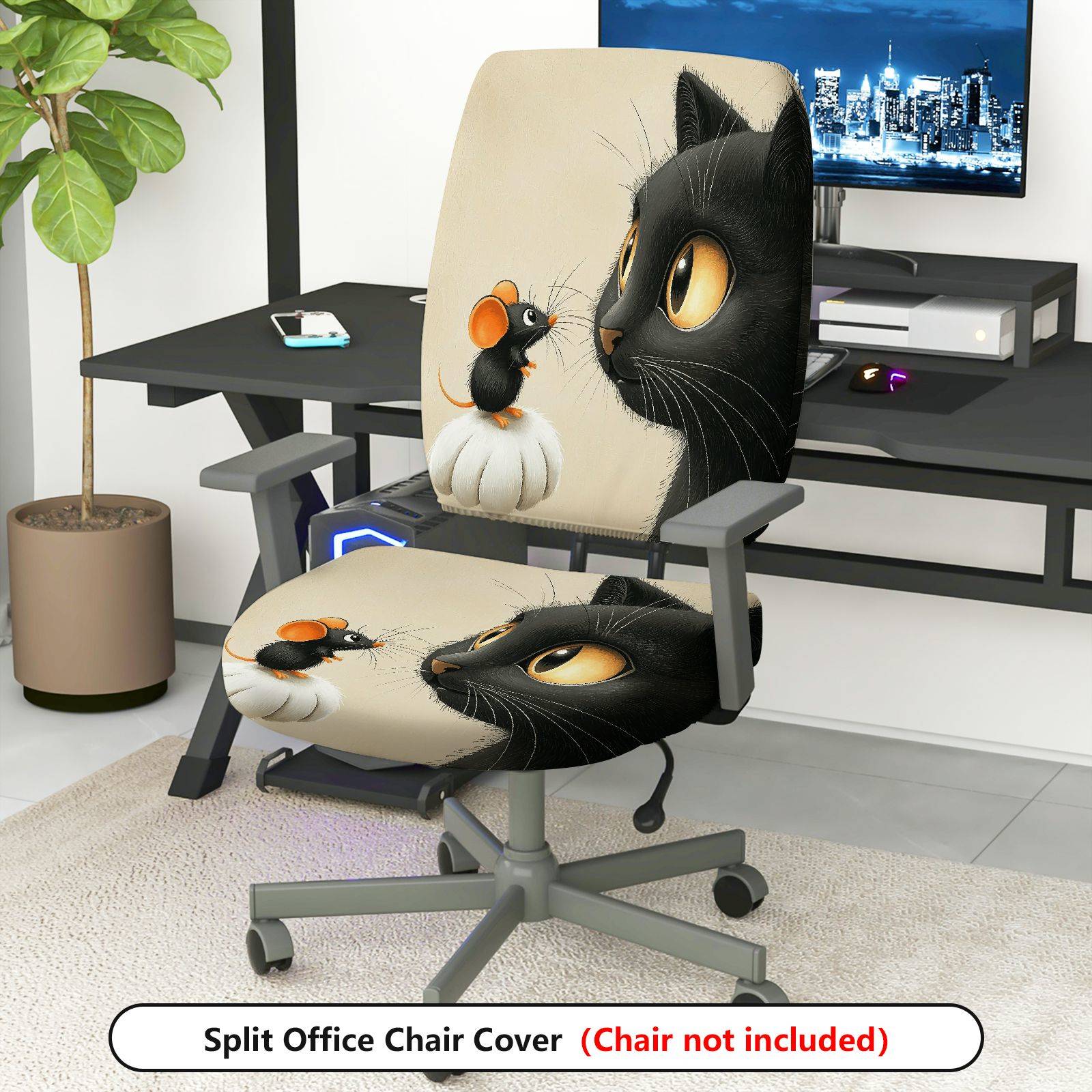 2-Piece Cat Mouse Fun Cute Animal  Computer Chair Cover Set, Seat and Backrest