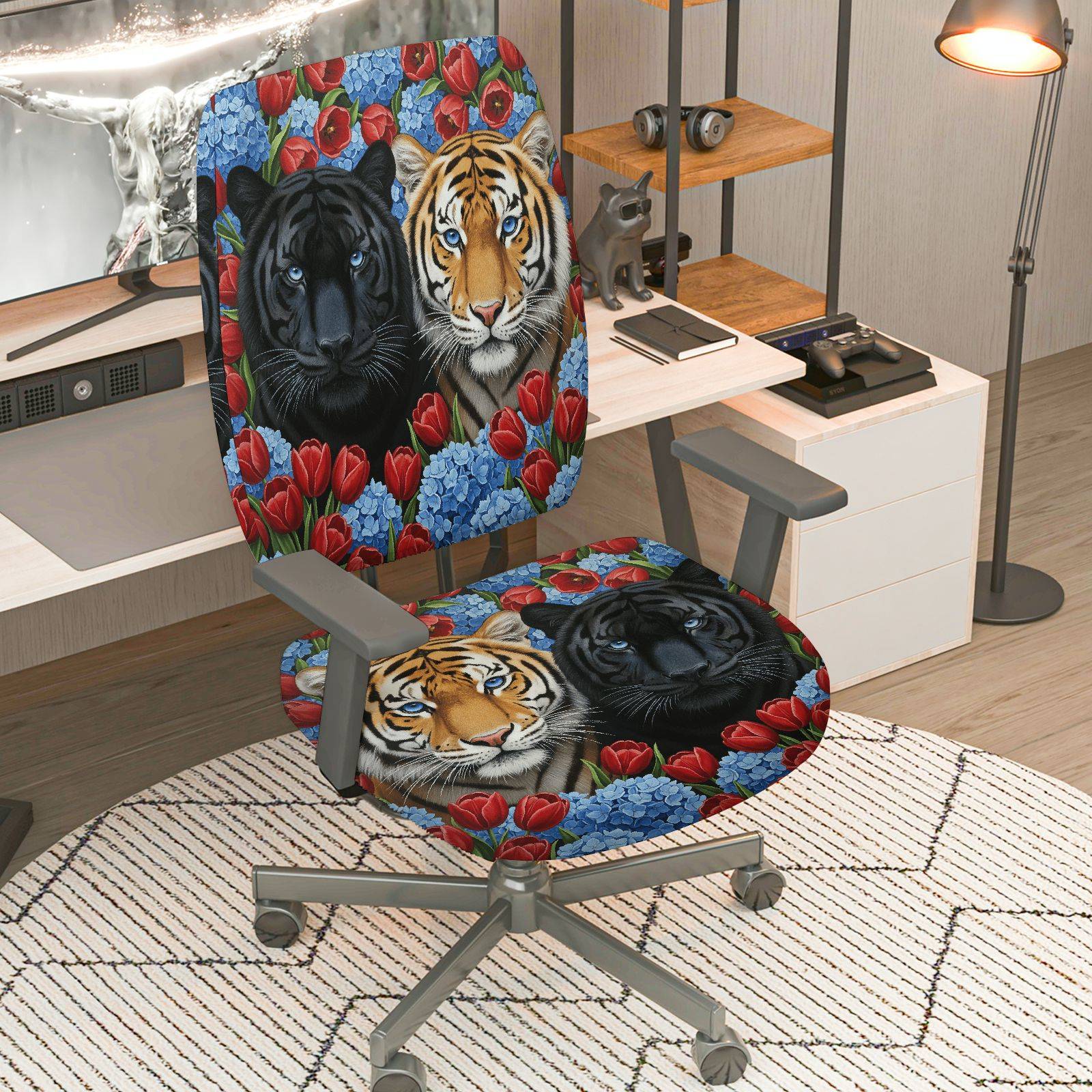 2-Piece Tiger Panther Floral Colorful Animal Pattern  Computer Chair Cover Set, Seat and Backrest