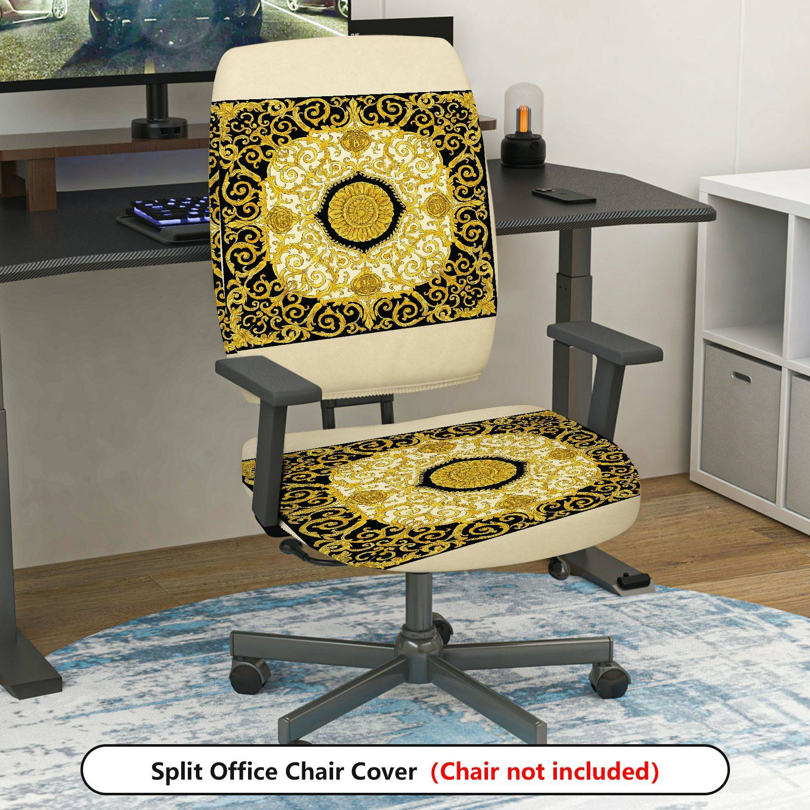2-Piece Baroque Style Gold Black Pattern Decorative  Computer Chair Cover Set, Seat and Backrest