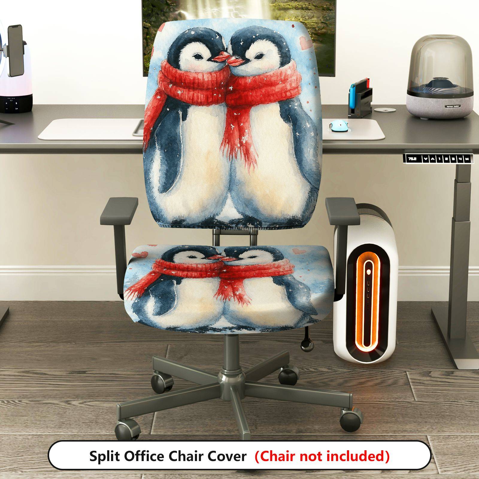 2-Piece Animal Winter Love Penguin Snow  Computer Chair Cover Set, Seat and Backrest