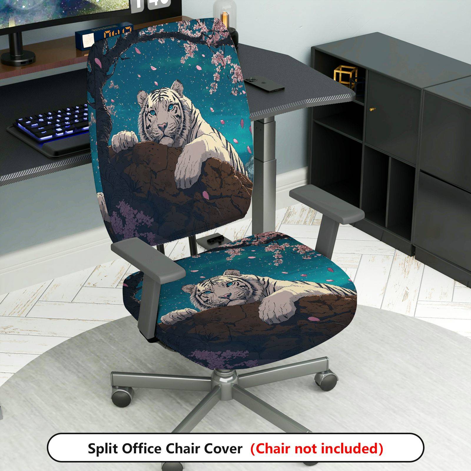 2-Piece Tiger Cherry Blossom Scenic Animal Art  Computer Chair Cover Set, Seat and Backrest