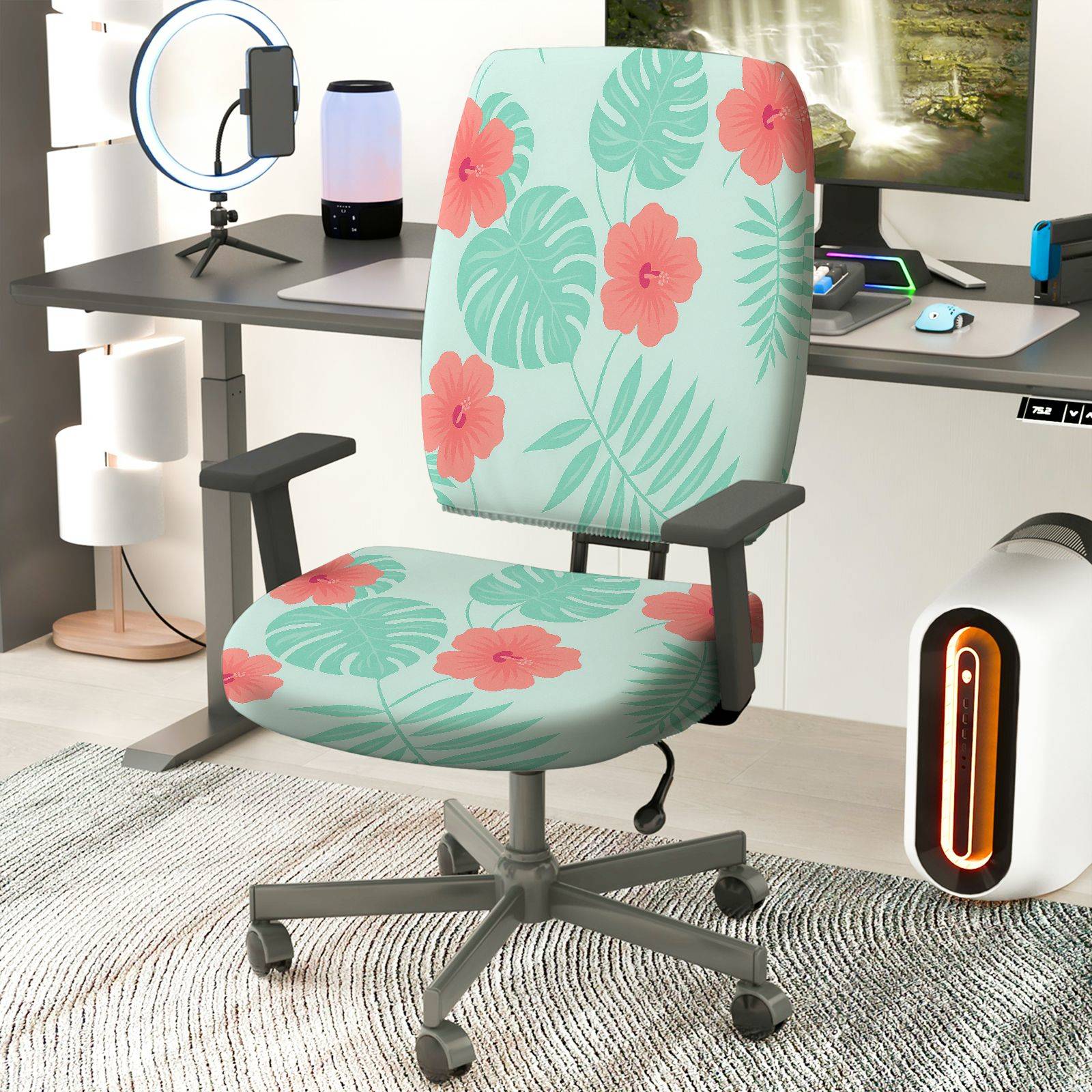 2-Piece Tropical Flower Leaf Pattern Green Pink  Computer Chair Cover Set, Seat and Backrest