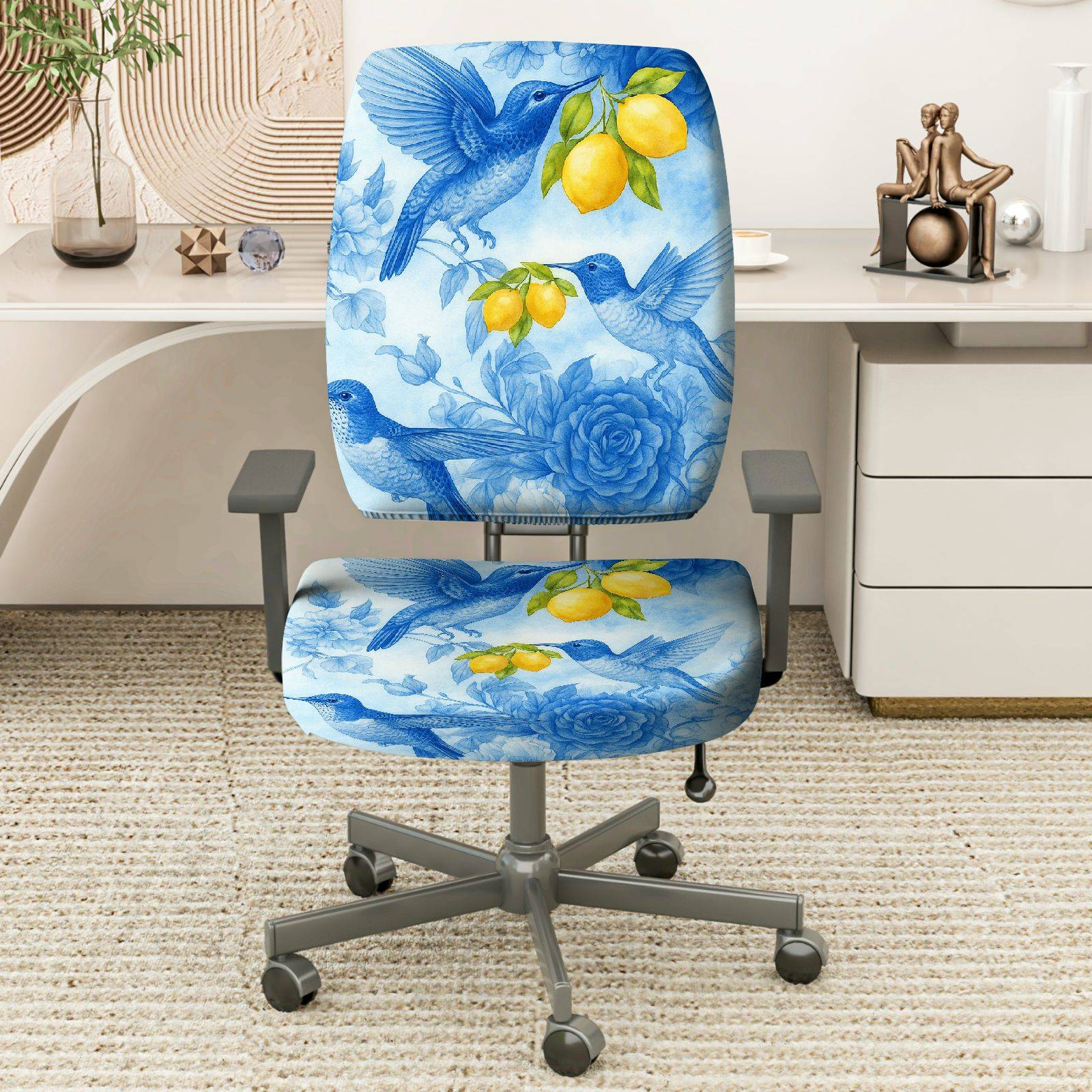 2-Piece Hummingbird Floral Lemon Nature Blue  Computer Chair Cover Set, Seat and Backrest