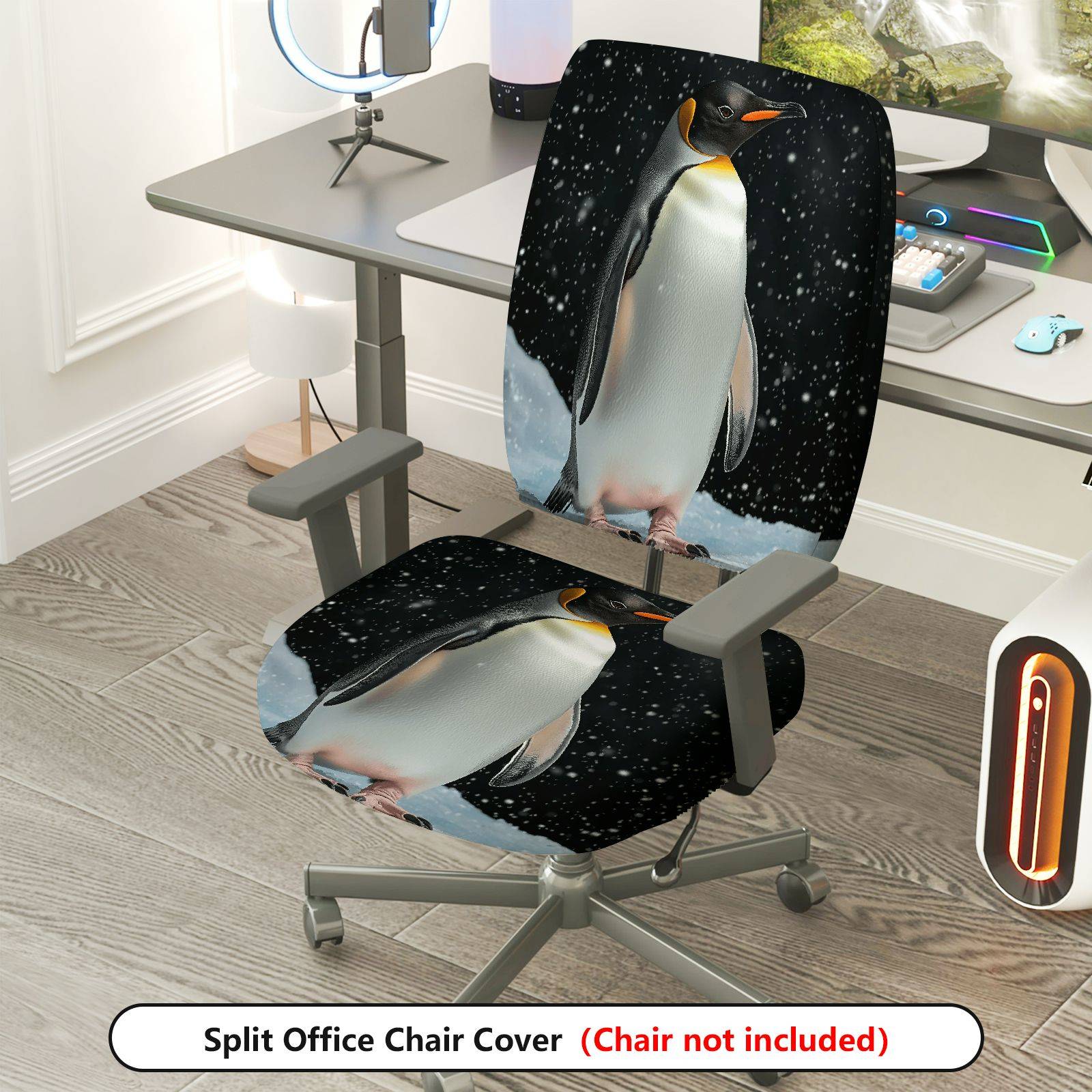 2-Piece Penguin Snow Winter Animal Nature Decor  Computer Chair Cover Set, Seat and Backrest