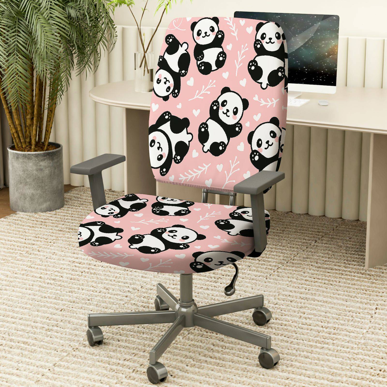2-Piece Panda Cute Pink Animal Leaf  Computer Chair Cover Set, Seat and Backrest