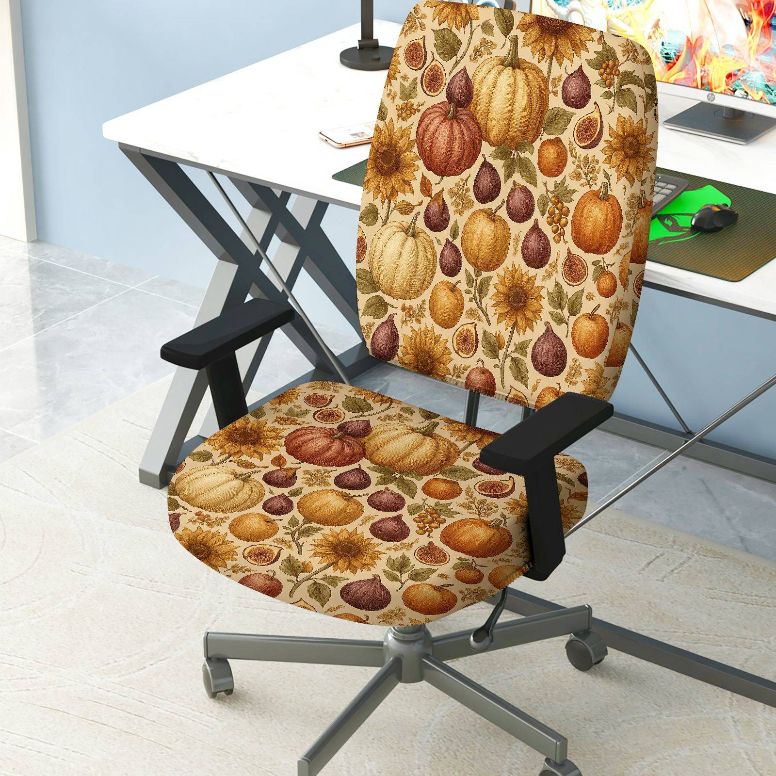 2-Piece Autumn Pumpkin Sunflower Harvest Festival Thanksgiving  Computer Chair Cover Set, Seat and Backrest