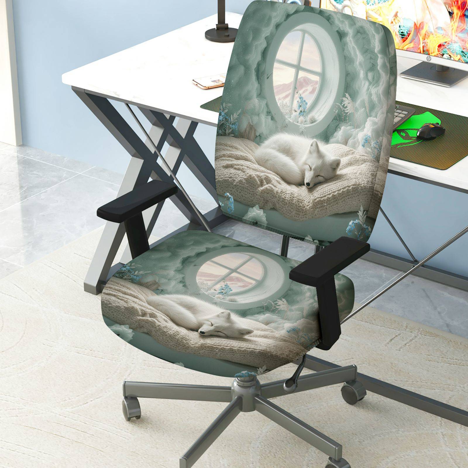 2-Piece Arctic Winter Snow Fox Cozy Home Decor  Computer Chair Cover Set, Seat and Backrest