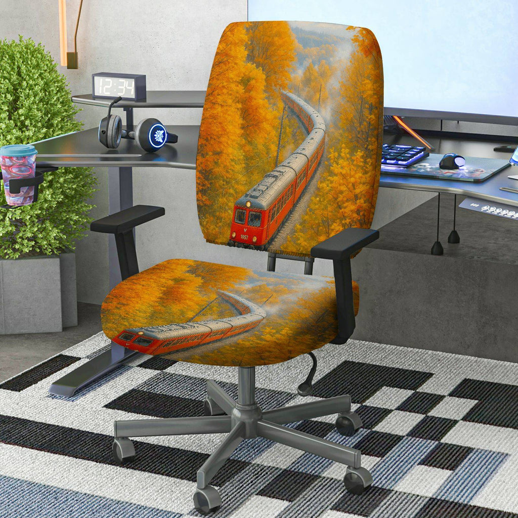 2-Piece Autumn Scenic Train Landscape  Computer Chair Cover Set, Seat and Backrest