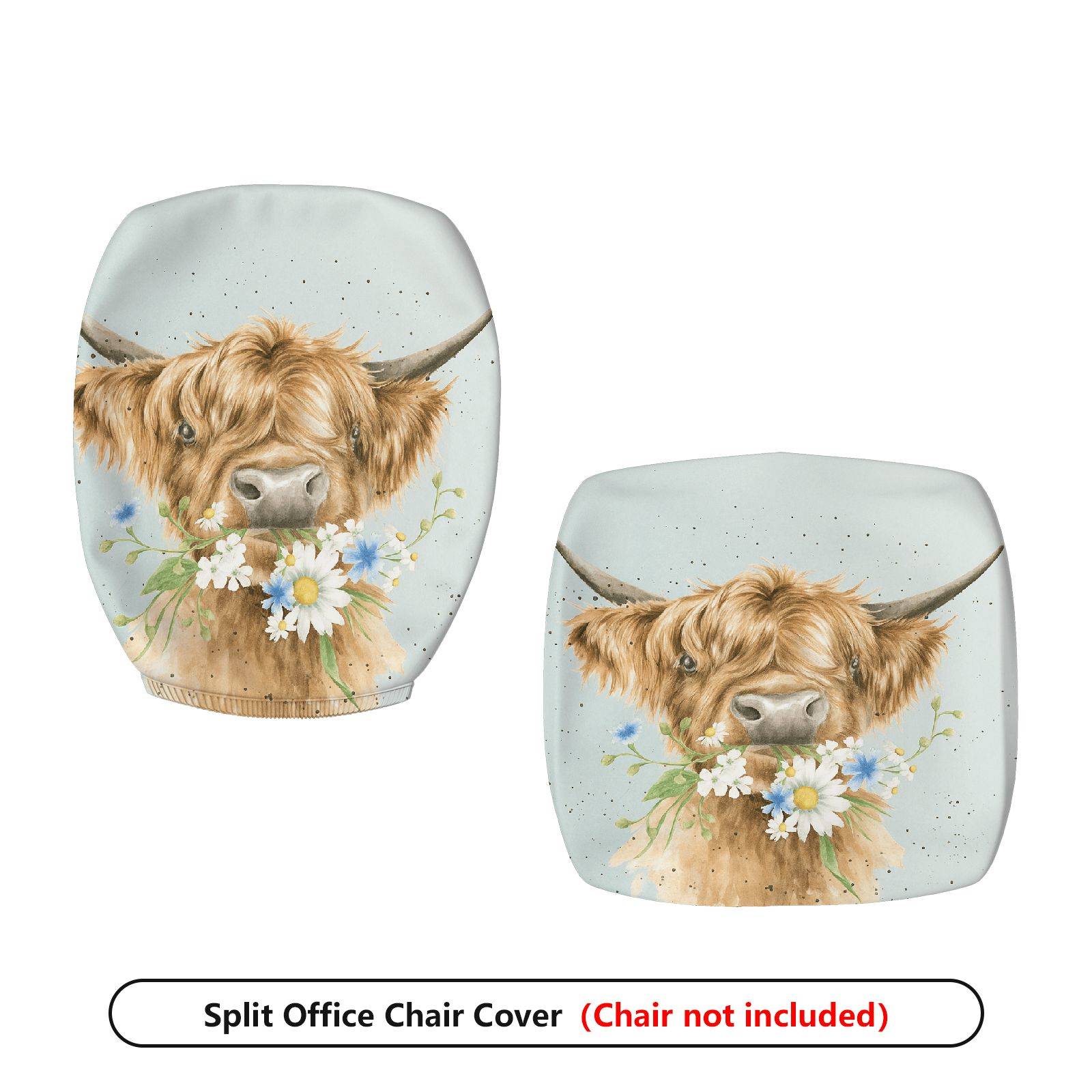 2-Piece Cute Animal Highland Cow Floral Printed Pastoral Style  Computer Chair Cover Set, Seat and Backrest