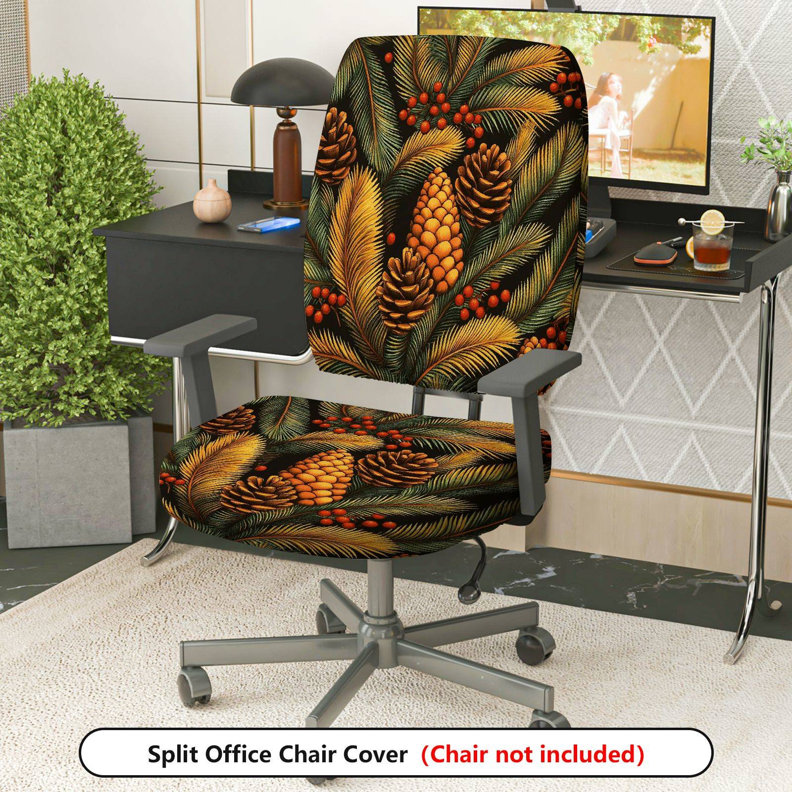 2-Piece Christmas Pinecone Berry Leaf Holiday  Computer Chair Cover Set, Seat and Backrest