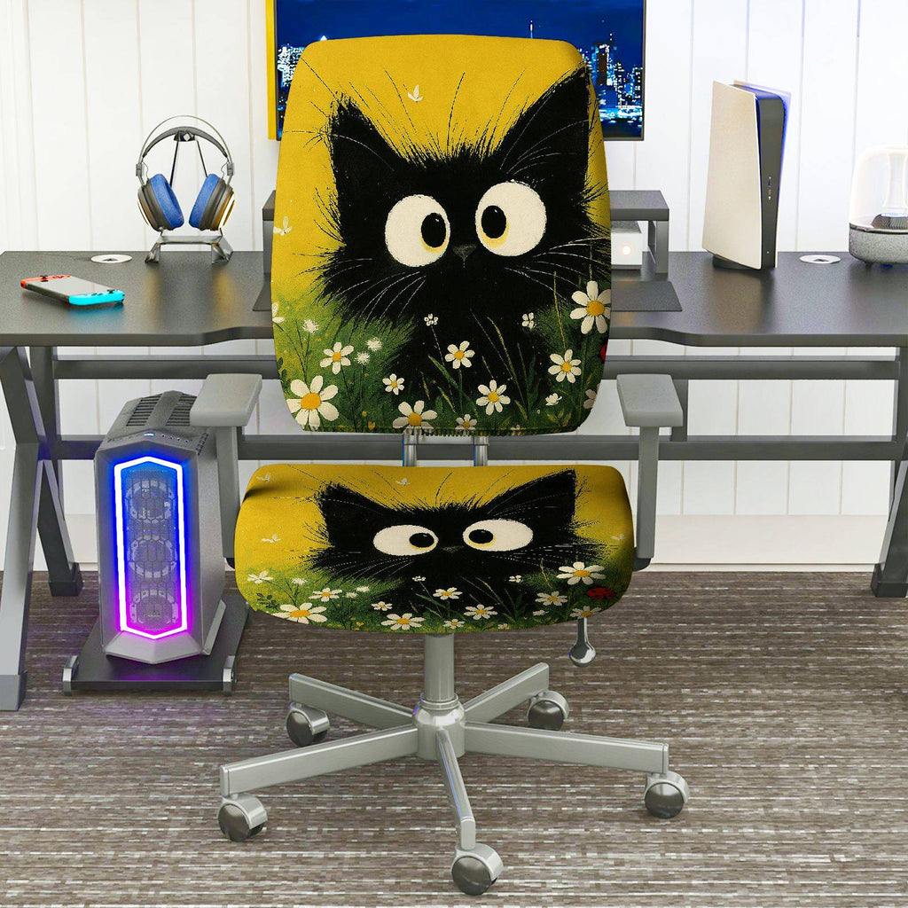 2-Piece Animal Floral Pattern Black Cat  Computer Chair Cover Set, Seat and Backrest