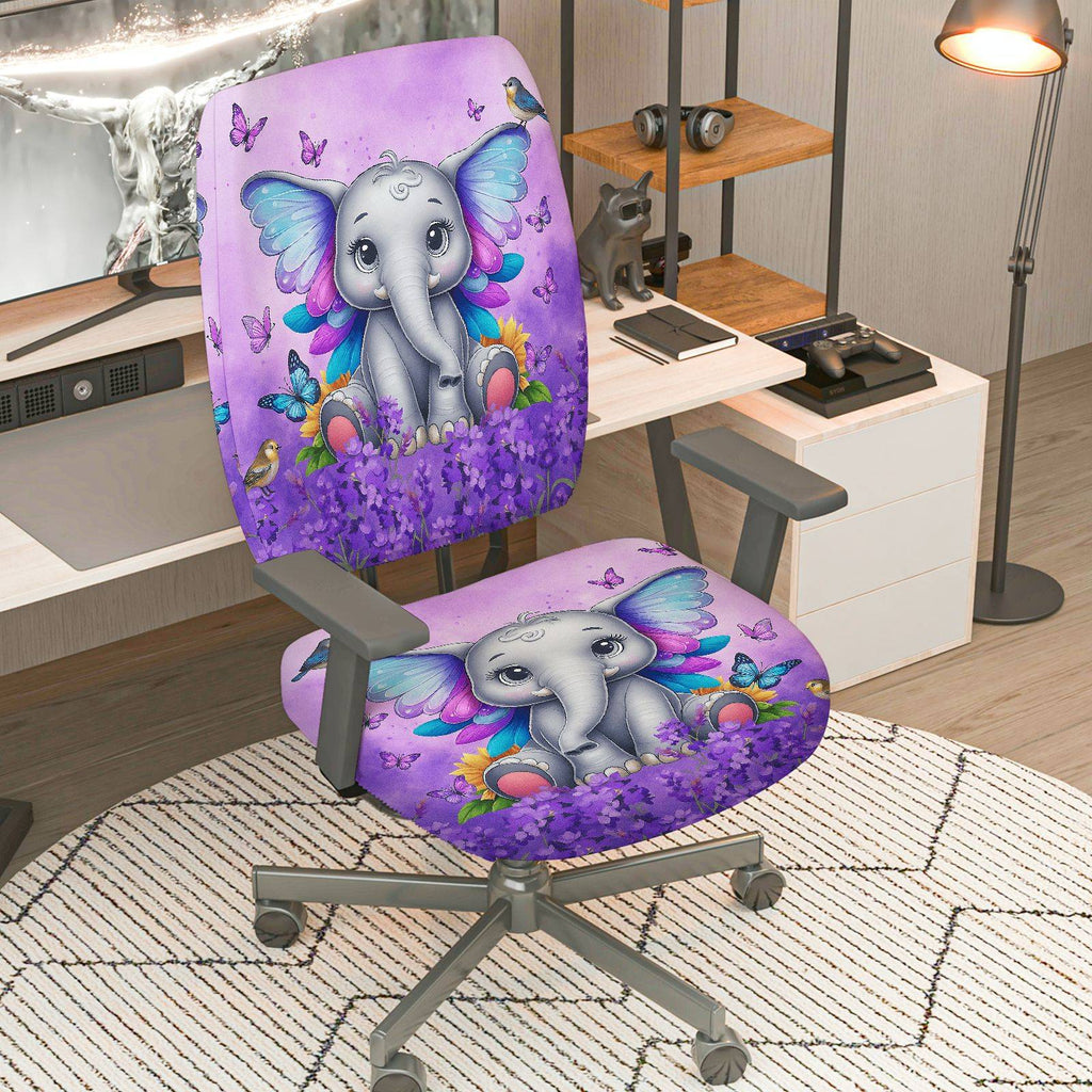2-Piece Cute Elephant Butterfly Floral Animal Fantasy Purple  Computer Chair Cover Set, Seat and Backrest