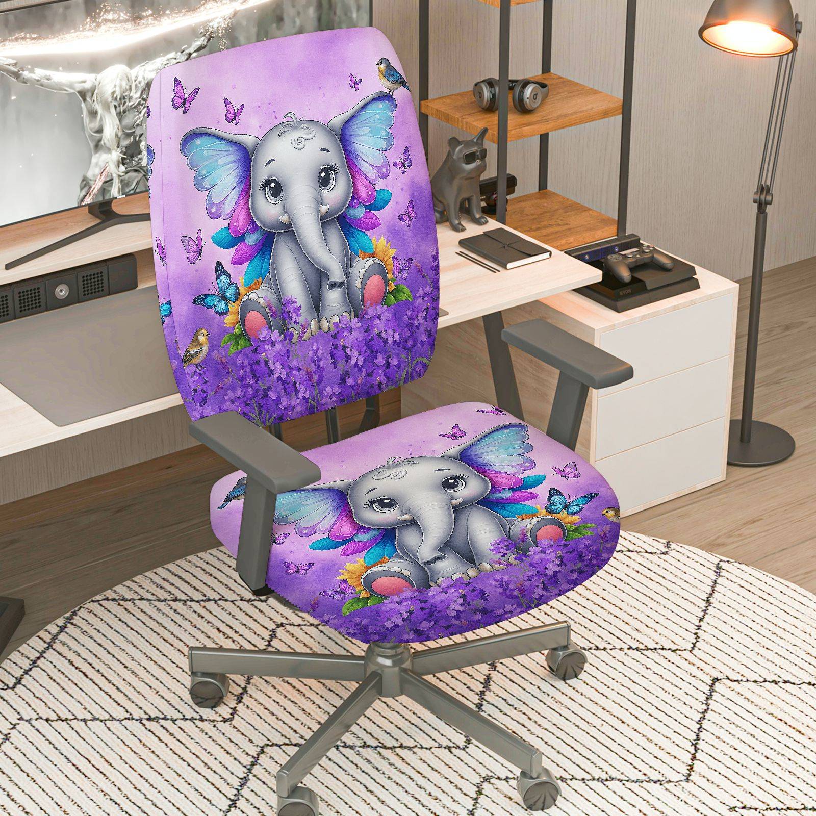2-Piece Cute Elephant Butterfly Floral Animal Fantasy Purple  Computer Chair Cover Set, Seat and Backrest