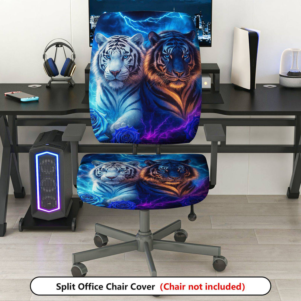 2-Piece Animal Print Tiger Modern Art Lightning Blue Glow  Computer Chair Cover Set, Seat and Backrest