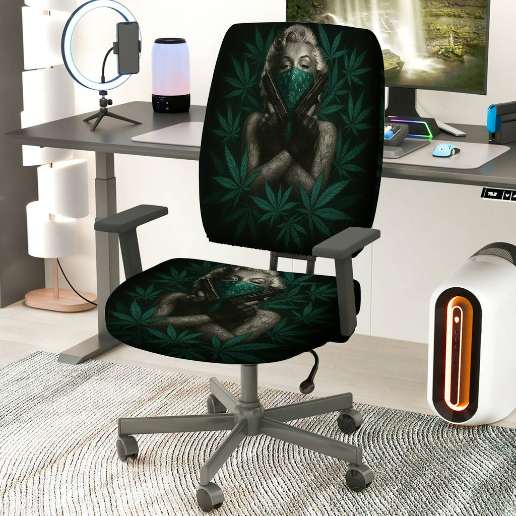 2-Piece Black Green Leaf Artistic Stylish Unique Creative  Computer Chair Cover Set, Seat and Backrest