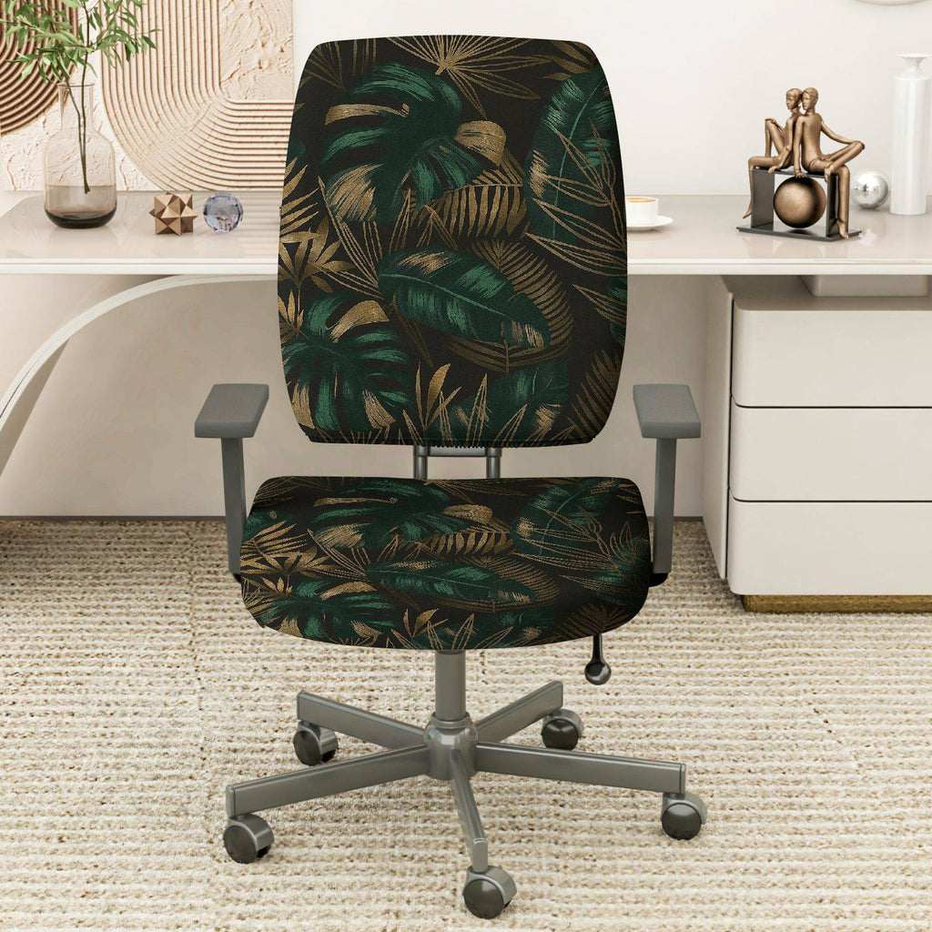 2-Piece Tropical Leaf Green Black Gold  Computer Chair Cover Set, Seat and Backrest