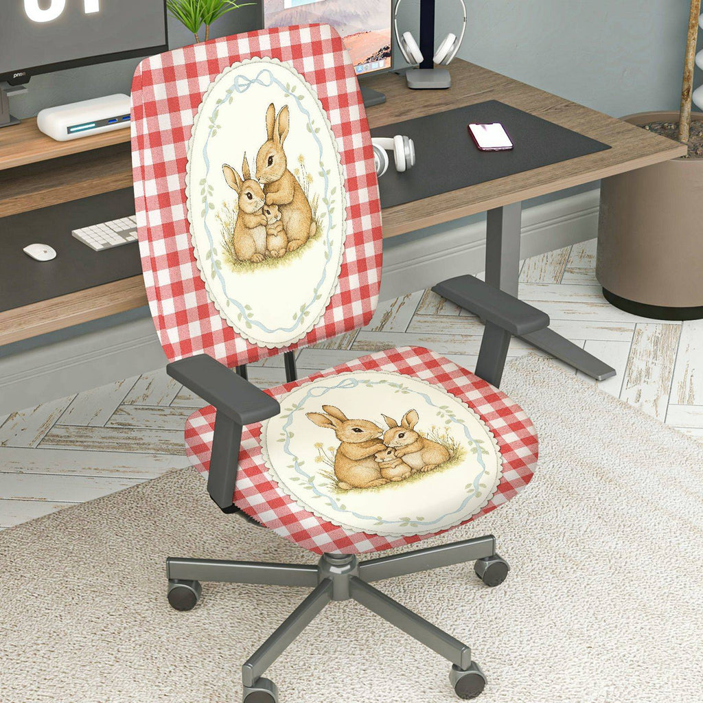 2-Piece Cute Bunny Red Plaid Spring Easter  Computer Chair Cover Set, Seat and Backrest