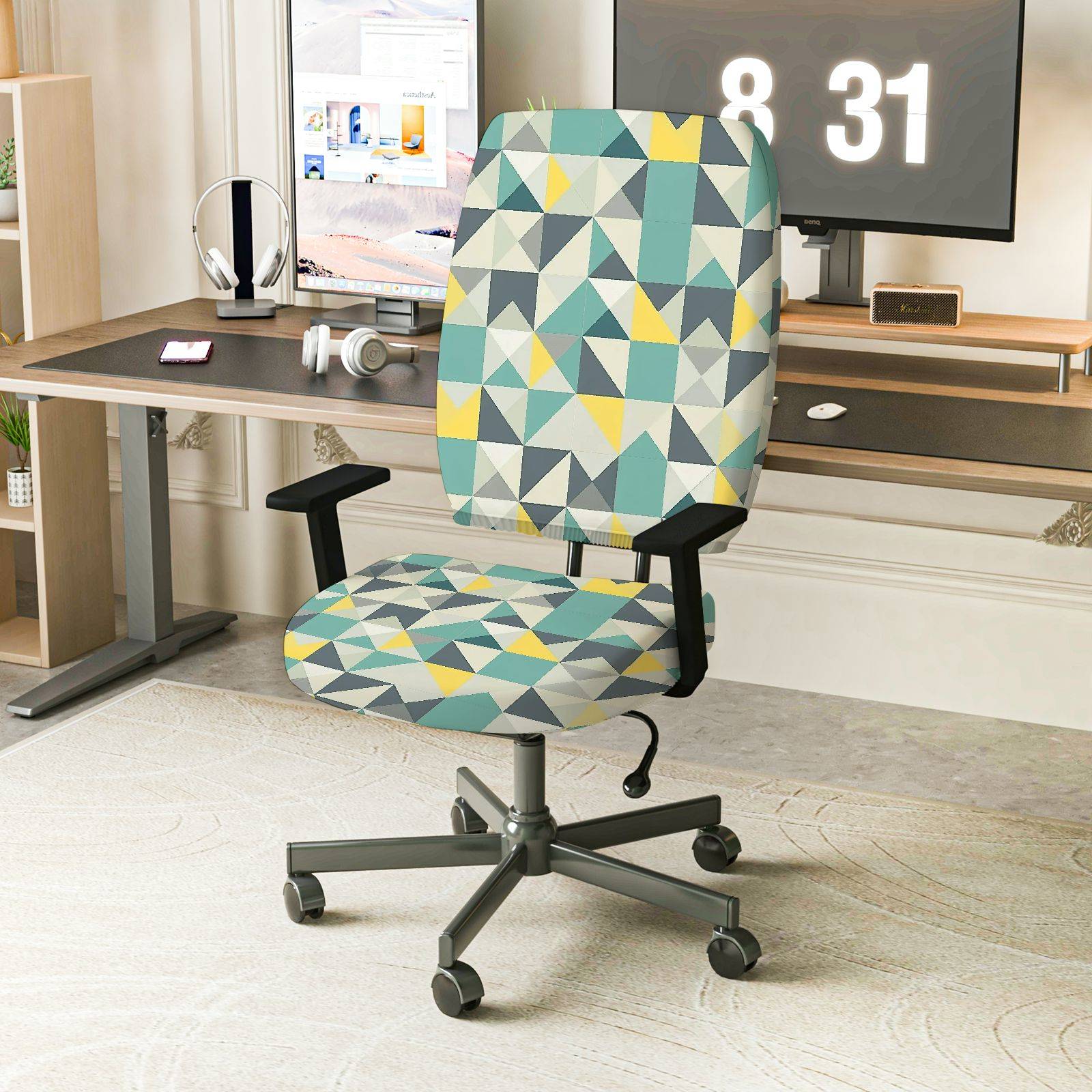 2-Piece Geometric Pattern Colorful Stylish Modern Trendy  Computer Chair Cover Set, Seat and Backrest